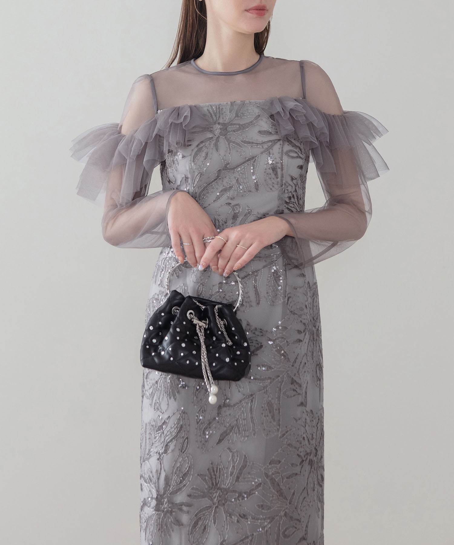 【COMING SOON】フラワースパンコールヘムチュールＩラインワンピースドレス