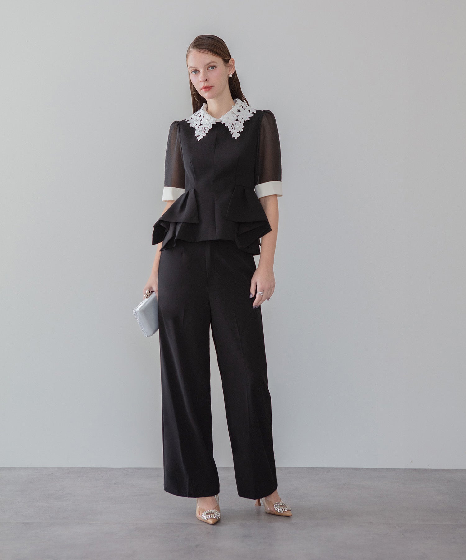 【当日発送】レースカラーペプラムブラウスパンツセットアップドレス