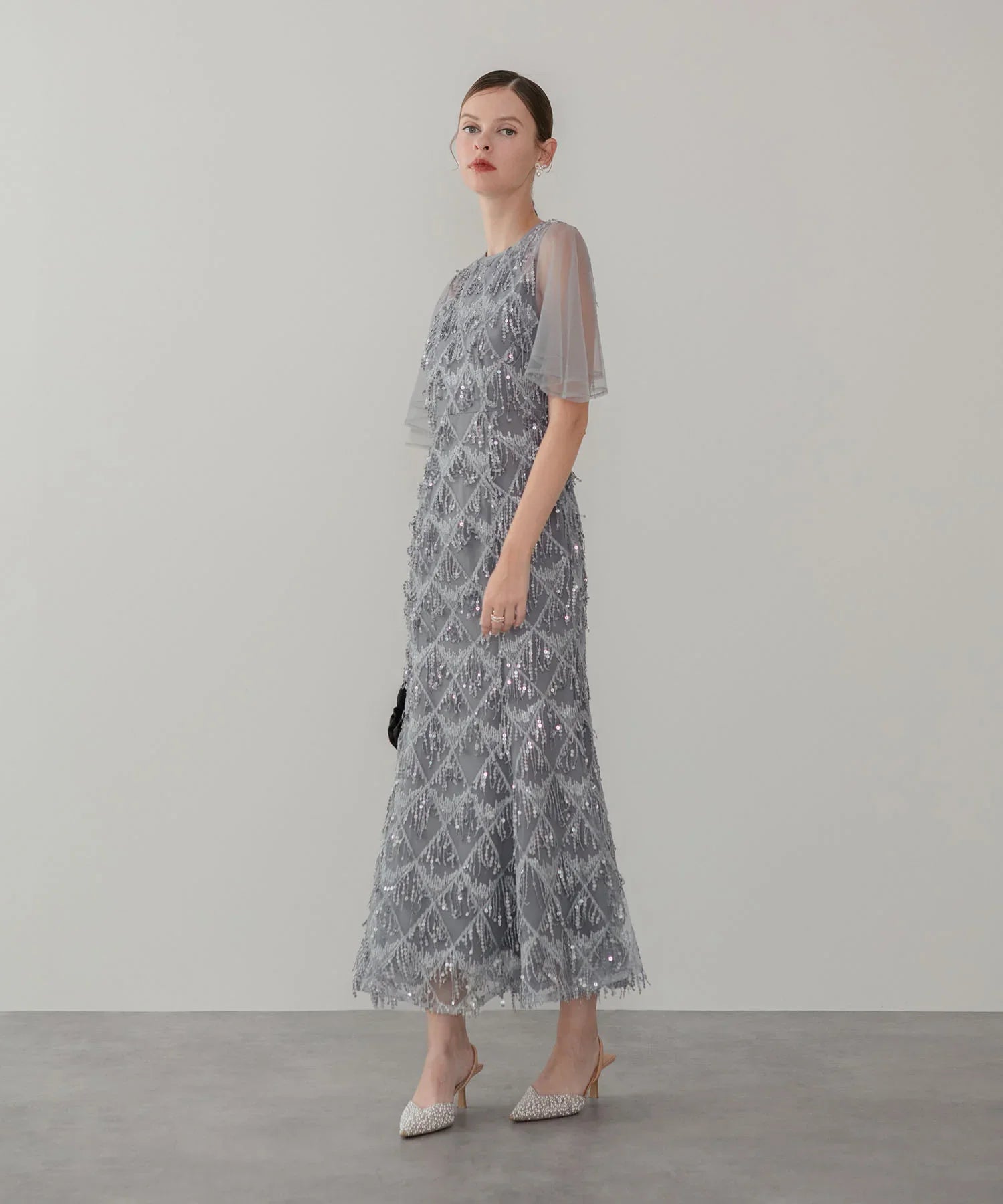 当日発送】チュールスリーブスパンコールマーメイドワンピースドレス