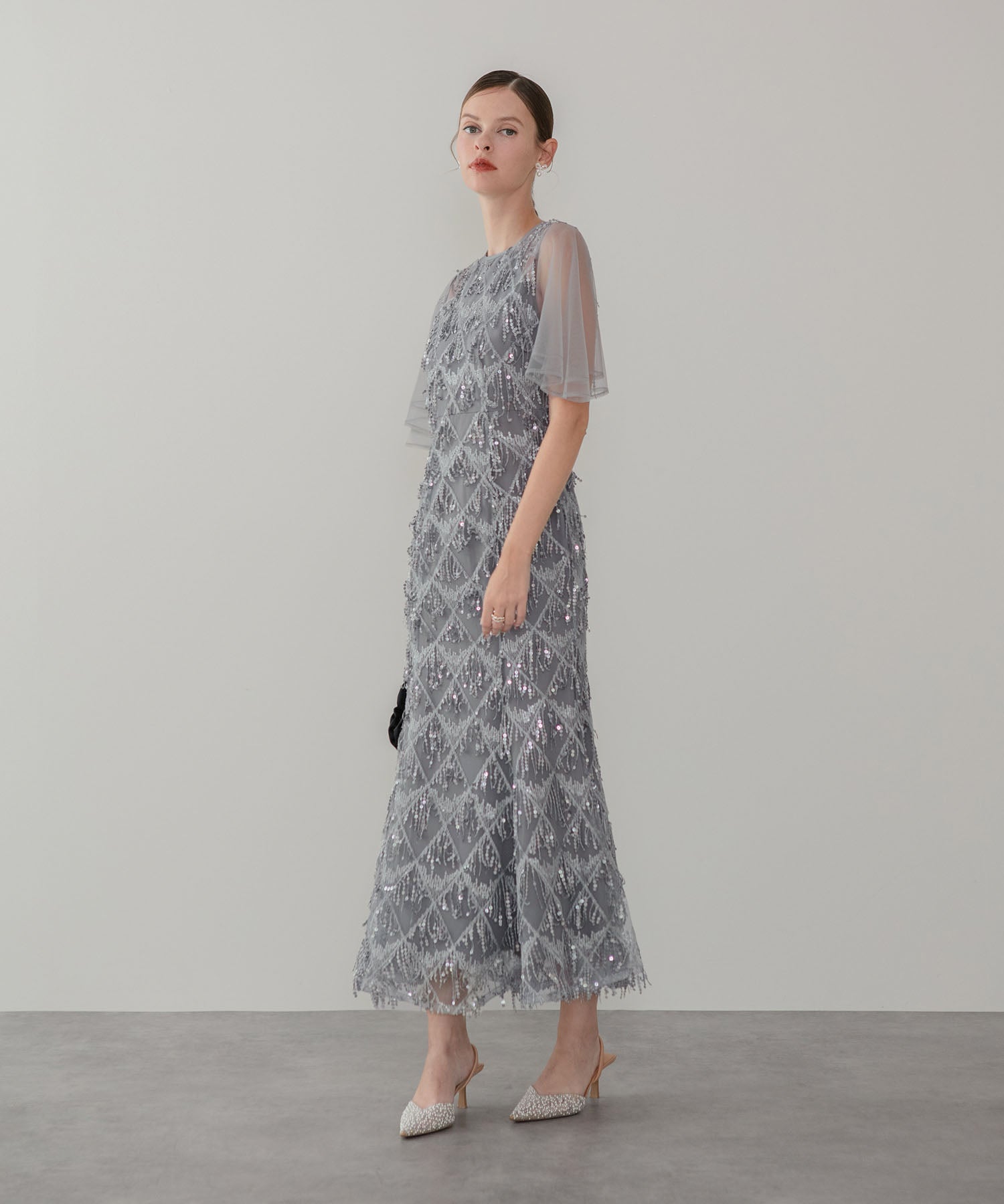 【当日発送】チュールスリーブスパンコールマーメイドワンピースドレス