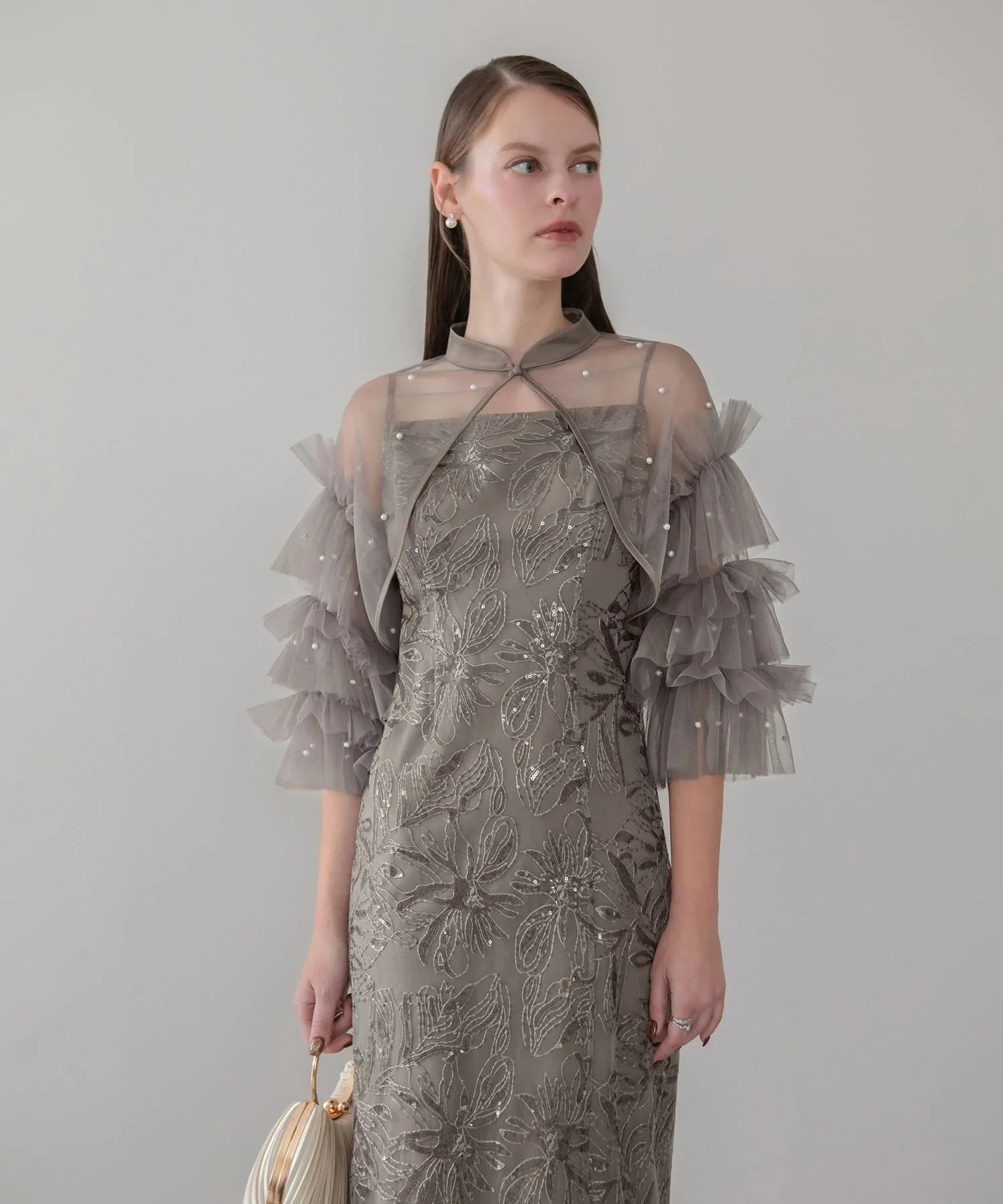 SOLD OUT】パールフリルチュールボレロレイヤードIラインワンピースドレス