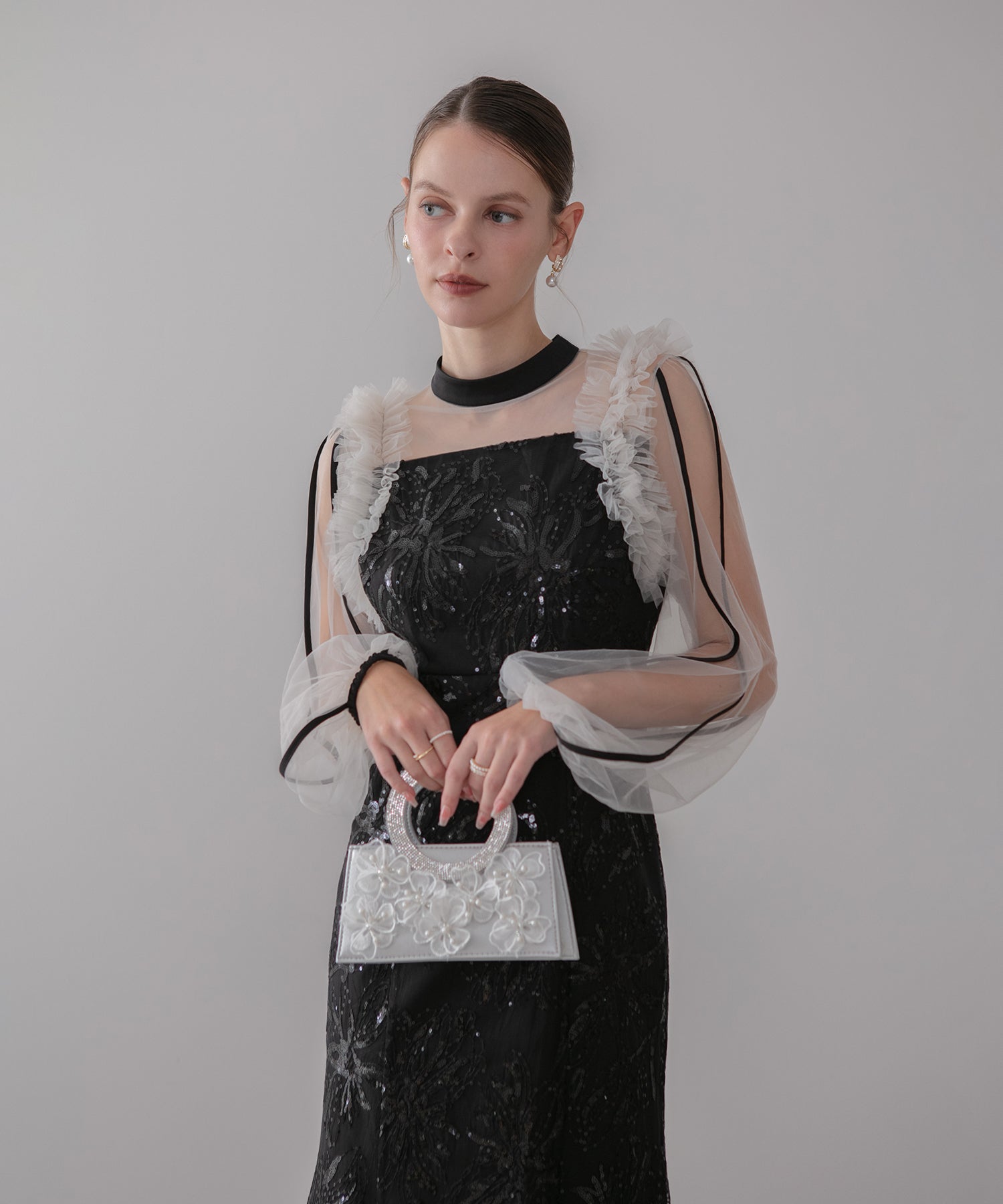 【当日発送】フラワースパンコールチュールフリルロングスリーブマーメイドワンピースドレス