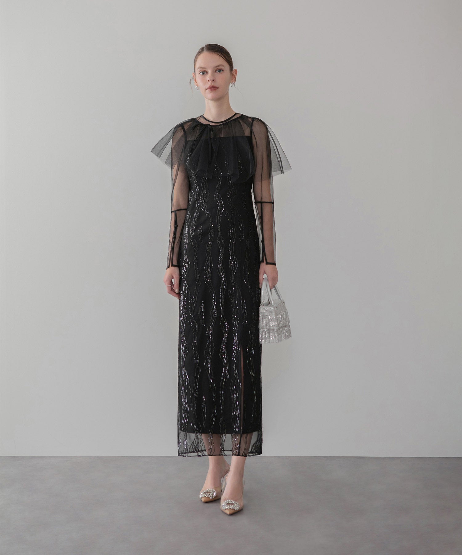 【当日発送】シアーケープスパンコールIラインワンピースドレス