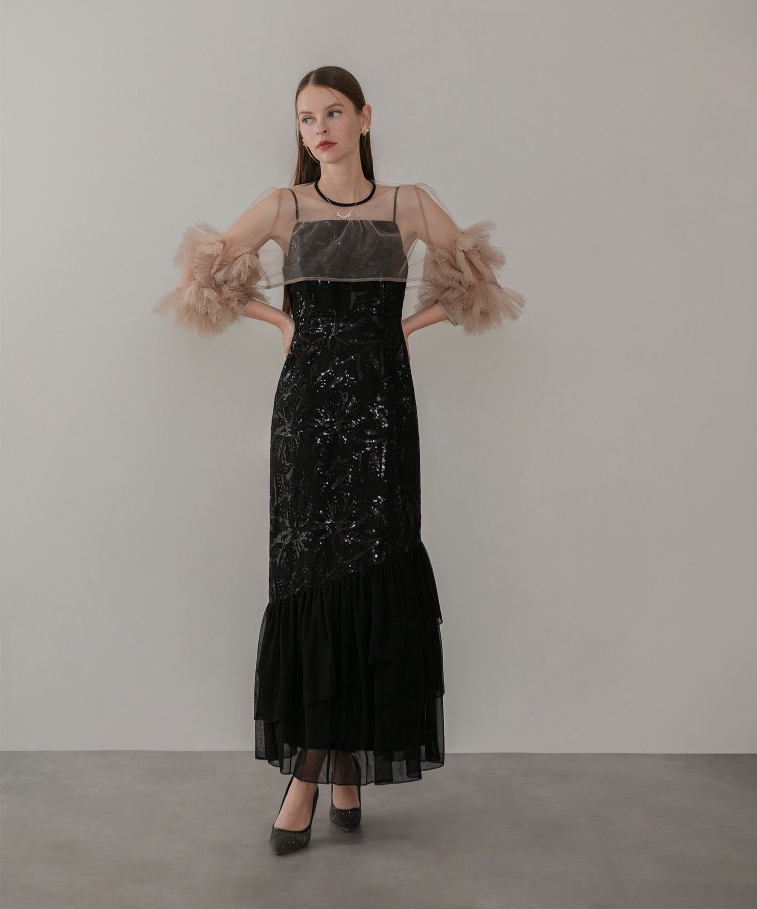 【一部当日発送】フラワースパンコールチュールフリルスリーブIラインワンピースドレス