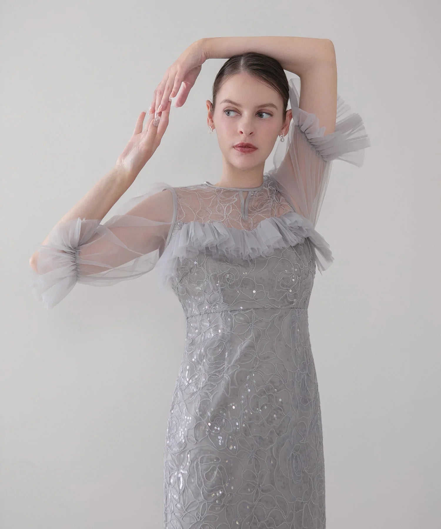 【当日発送】チュールギャザーフラワースパンコールIラインワンピースドレス