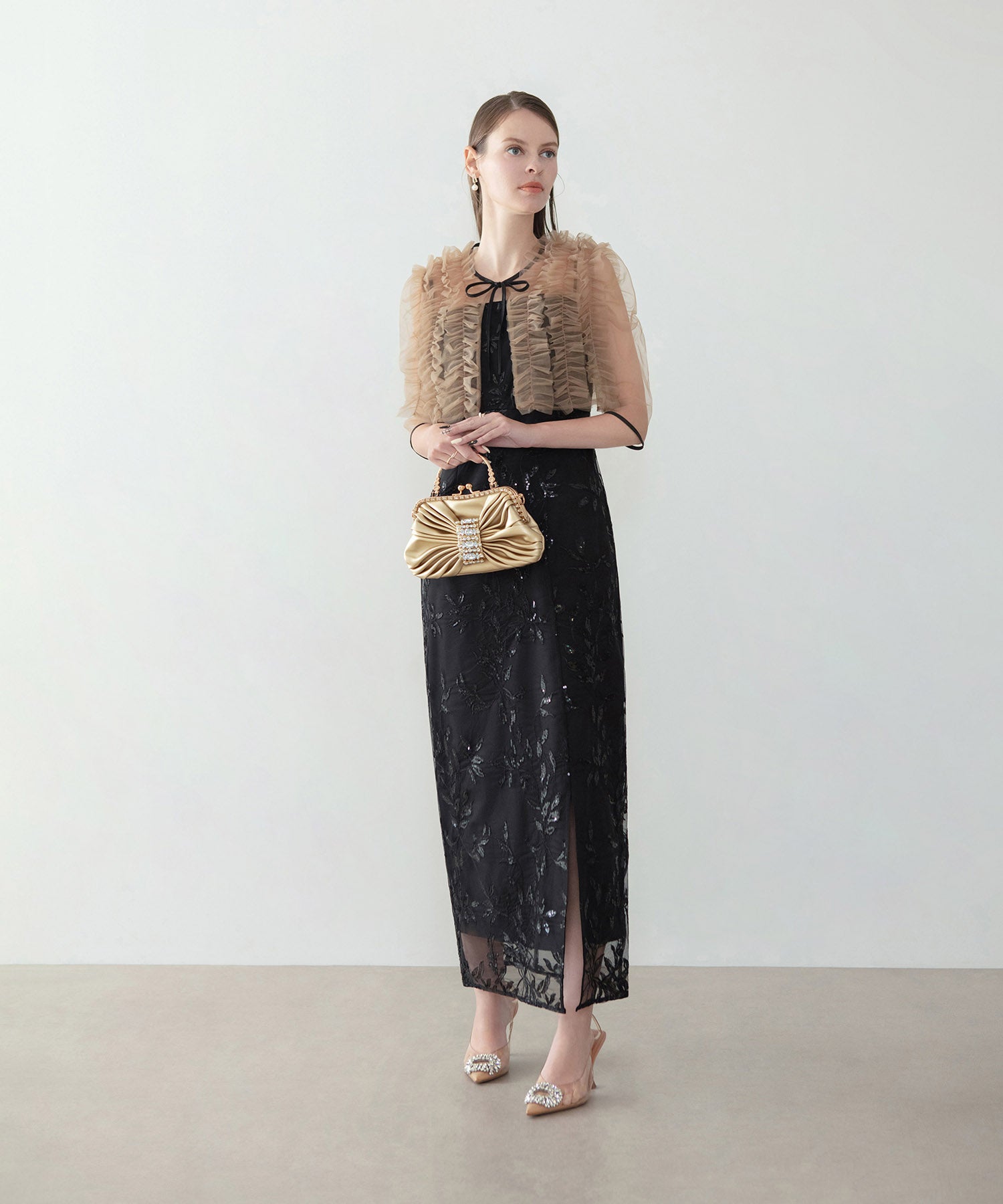 【当日発送】チュールフリルボレロフラワースパンコールＩラインワンピースドレス