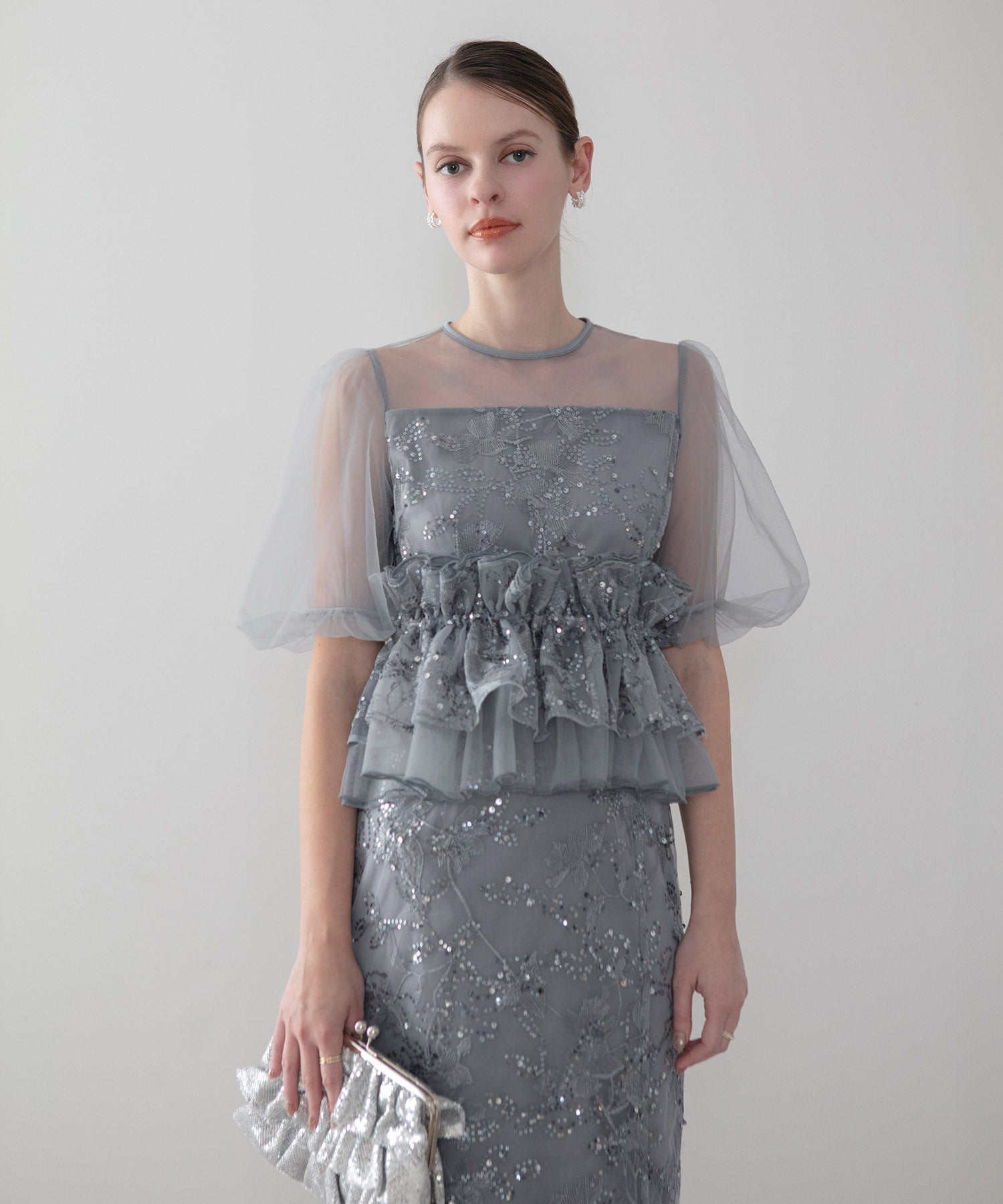 【一部当日発送】3WAYチュールラッフルフラワースパンコールIラインワンピースドレス