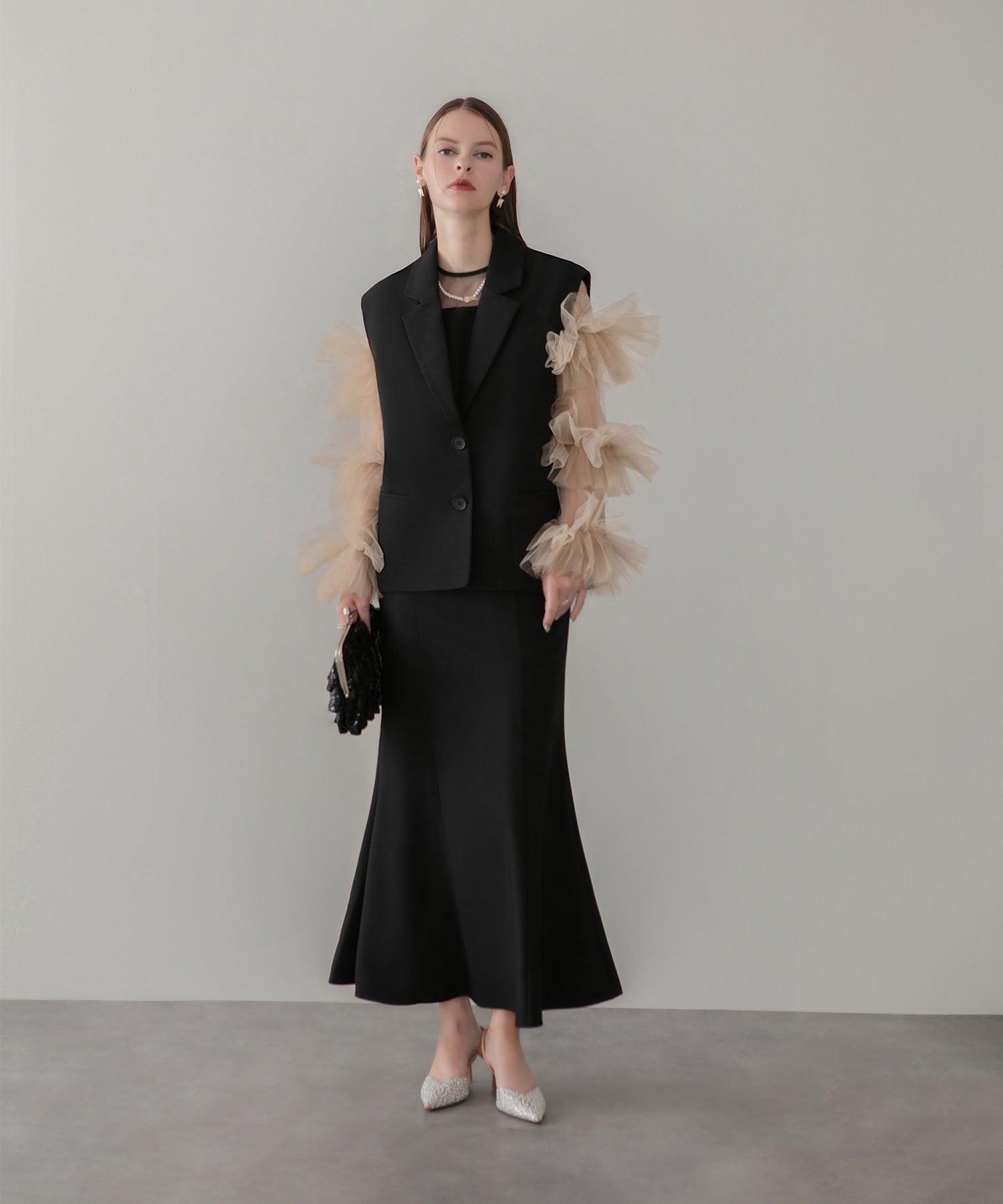 【当日発送】ボリュームチュールスリーブベストセットアップドレス