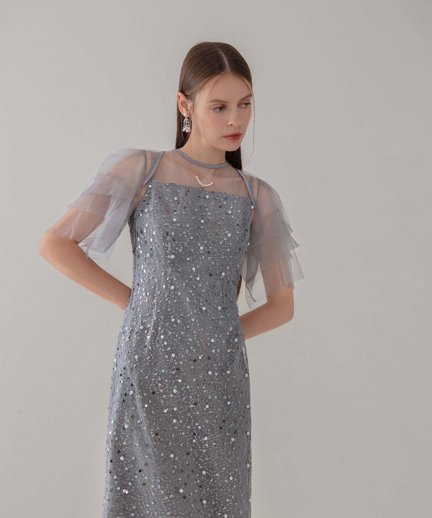 【当日発送】スパンコールパールミックスボレロIラインワンピースドレス