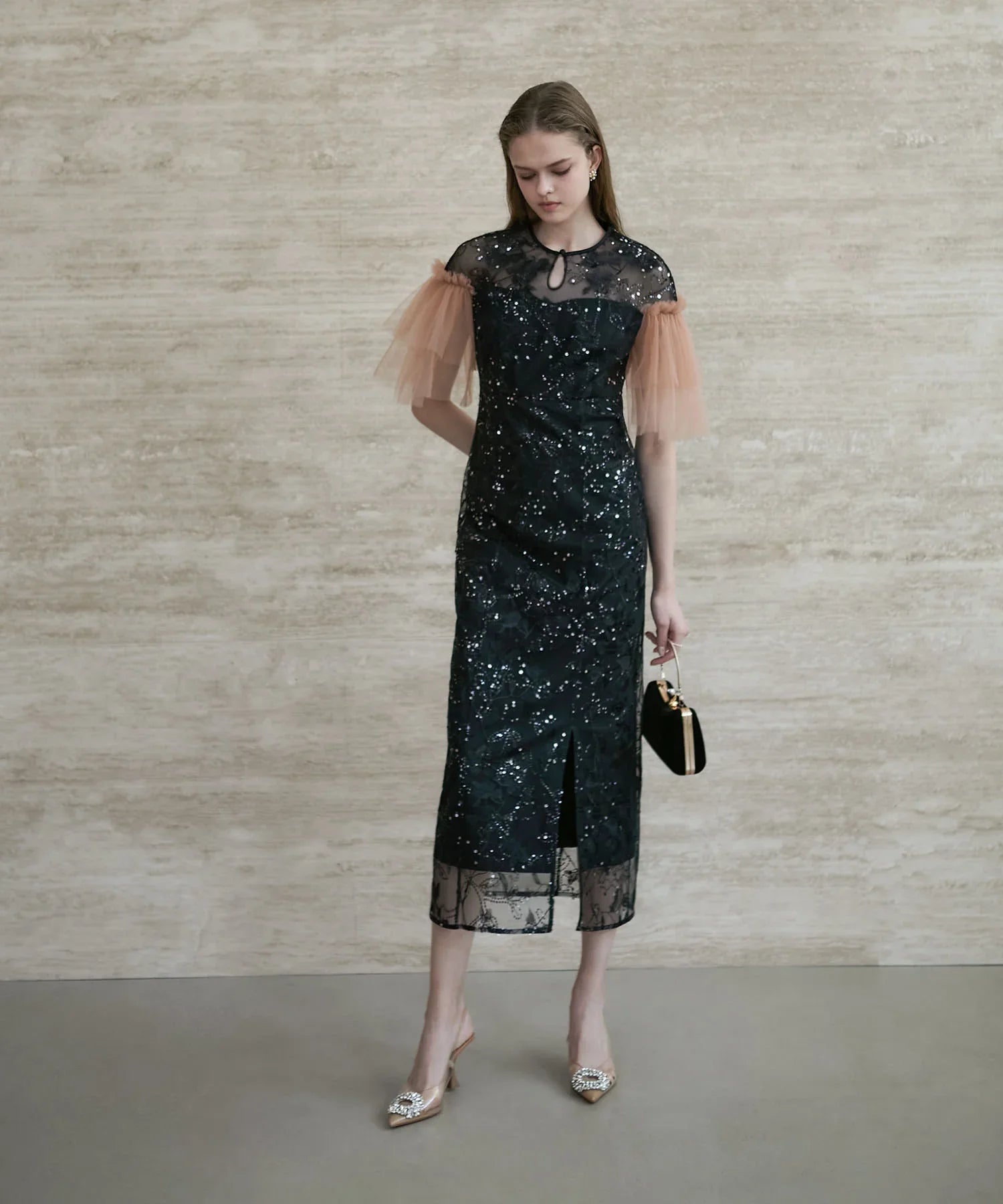 LEJA フラワースパンコールチュールフリルIラインドレス M Leja レジャ フラワースパンコールチュールフリルIラインドレス