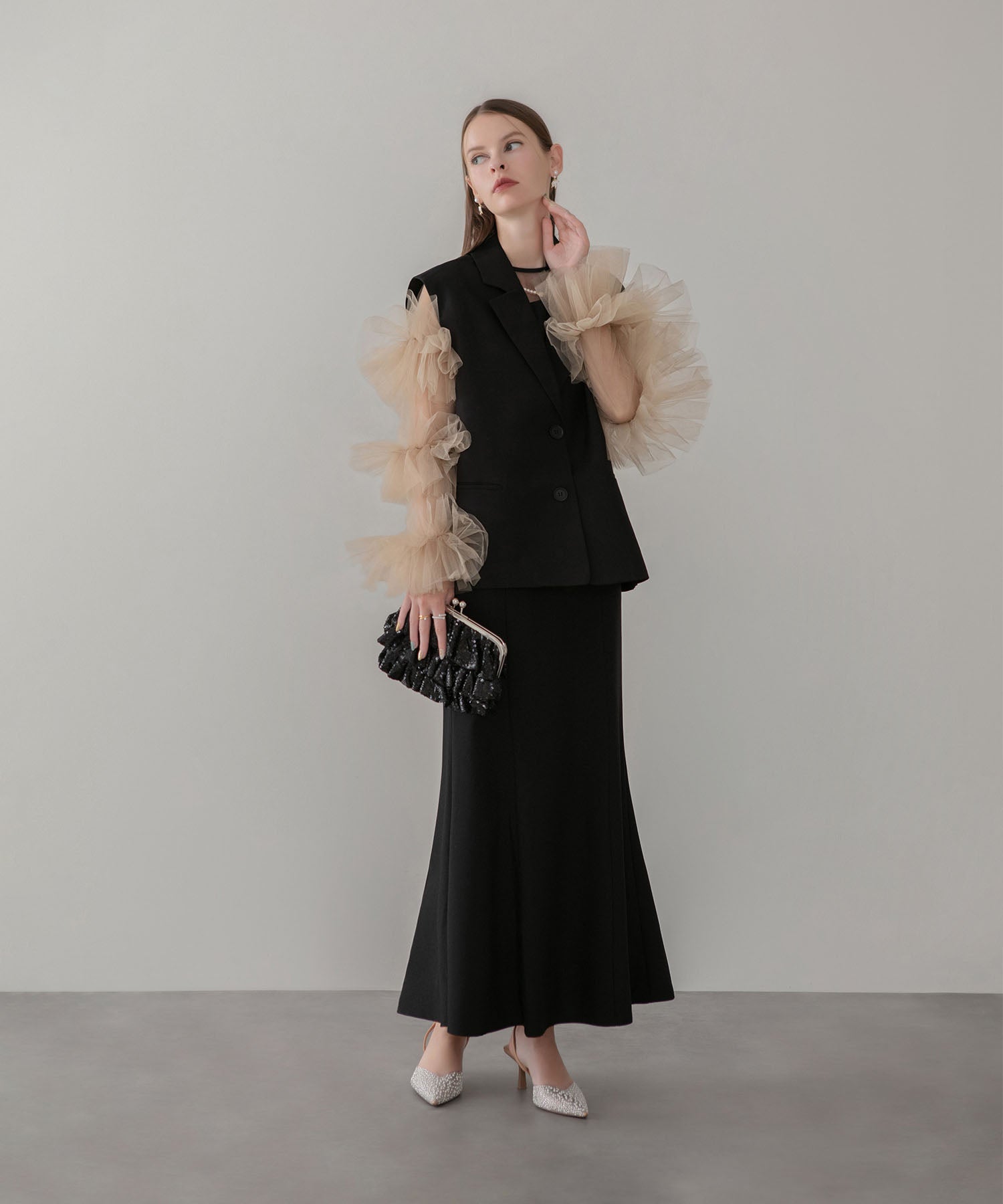 【当日発送】ボリュームチュールスリーブベストセットアップドレス