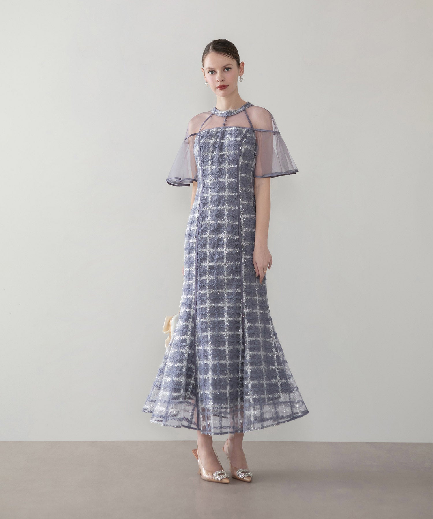 【当日発送】ラメシャギーツイードチェックフリルマーメイドワンピースドレス