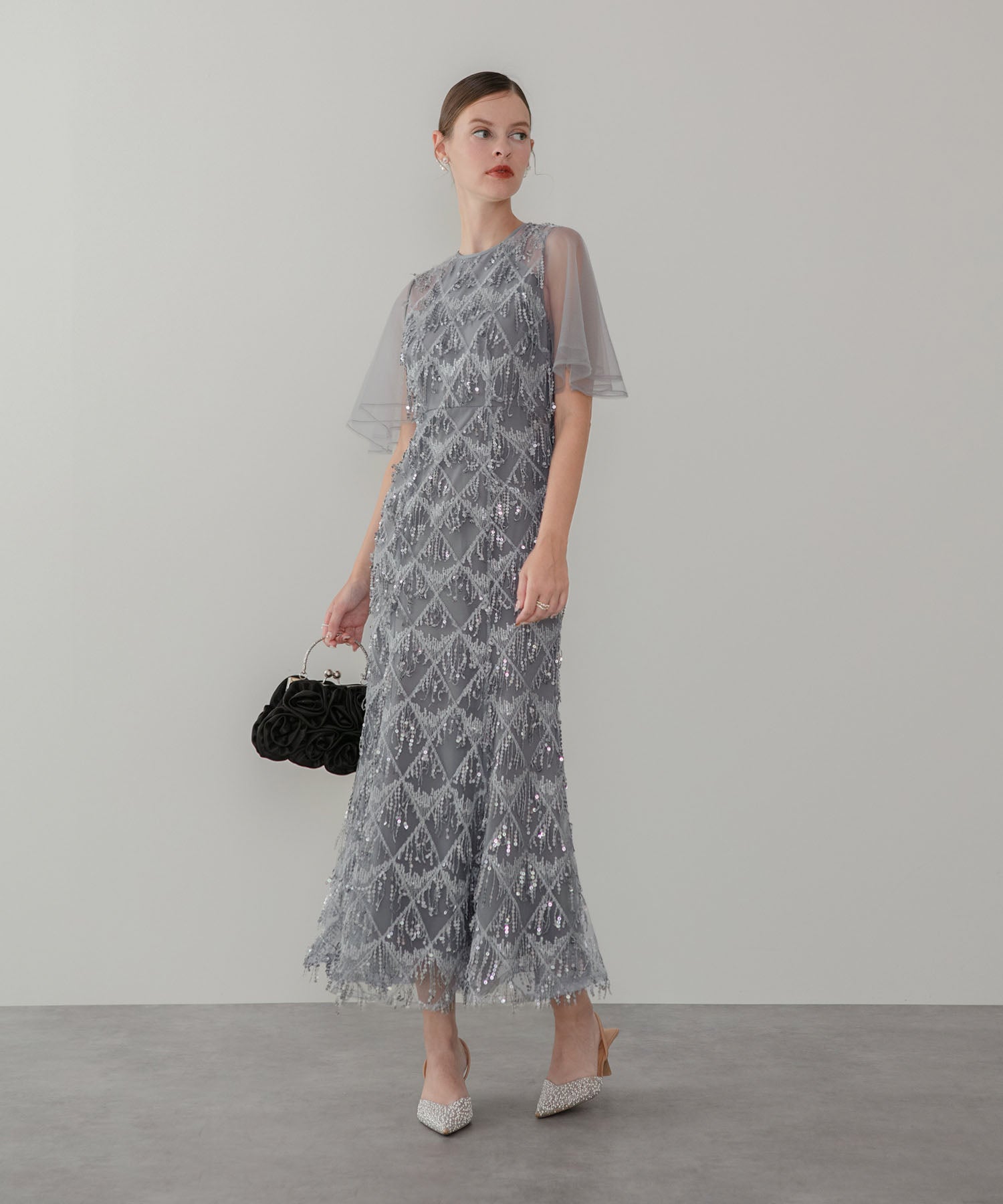 【当日発送】チュールスリーブスパンコールマーメイドワンピースドレス