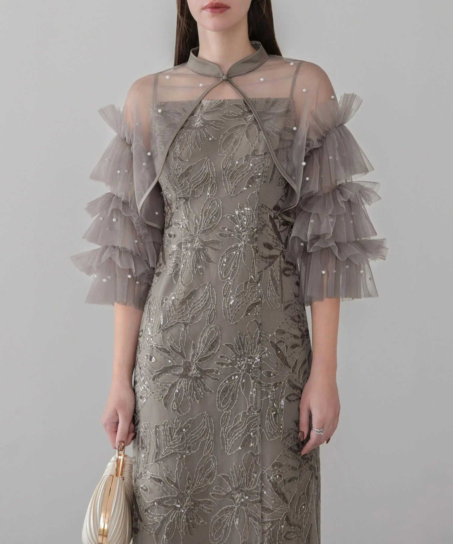 【一部当日発送】パールフリルチュールボレロレイヤードIラインワンピースドレス