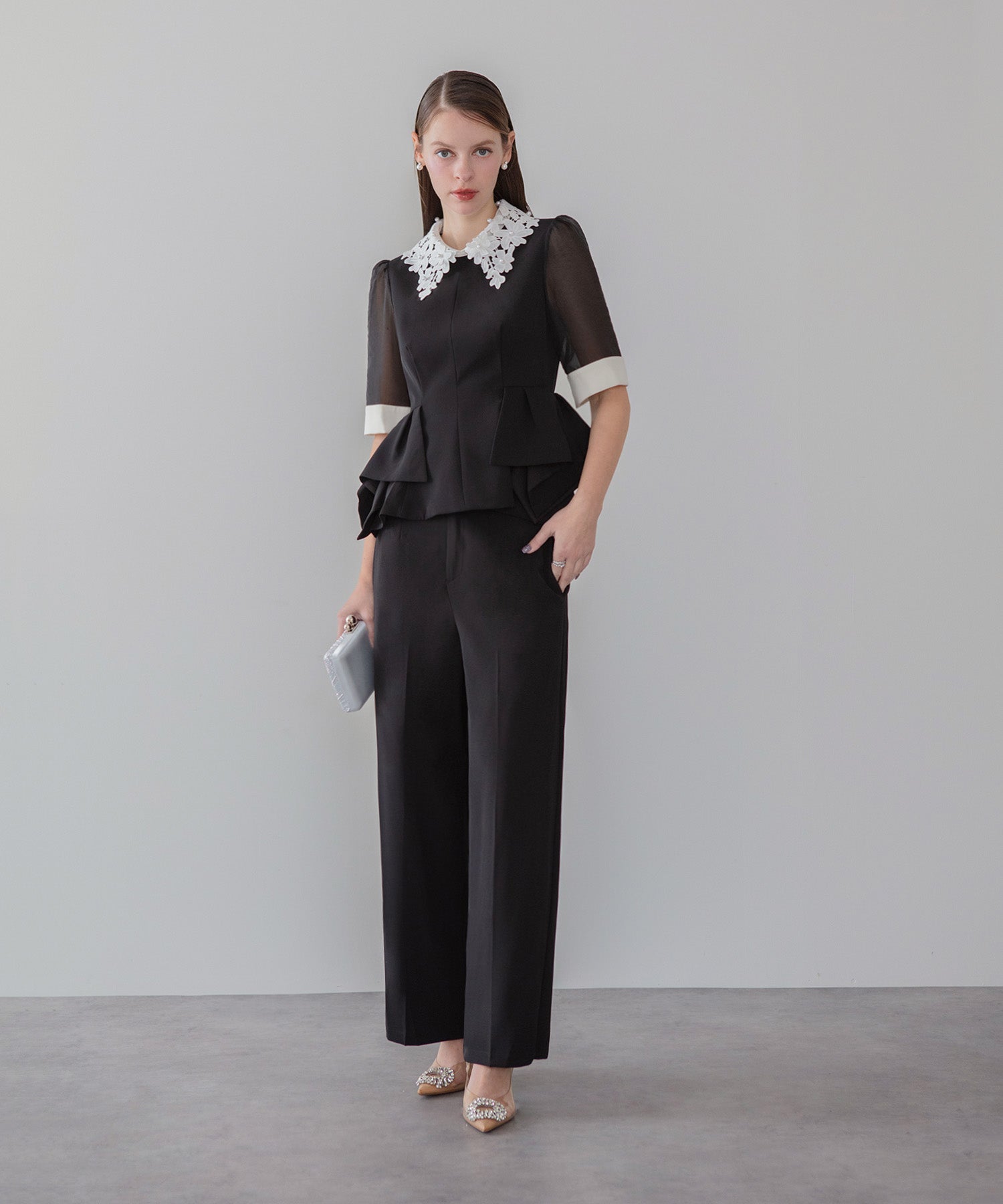 【当日発送】レースカラーペプラムブラウスパンツセットアップドレス