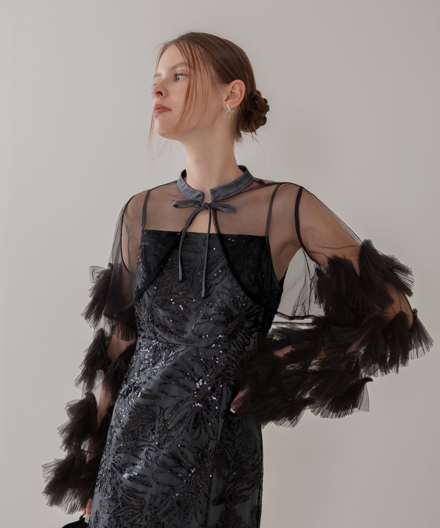 【一部当日発送】フリルチュールスリーブリボンIラインワンピースドレス