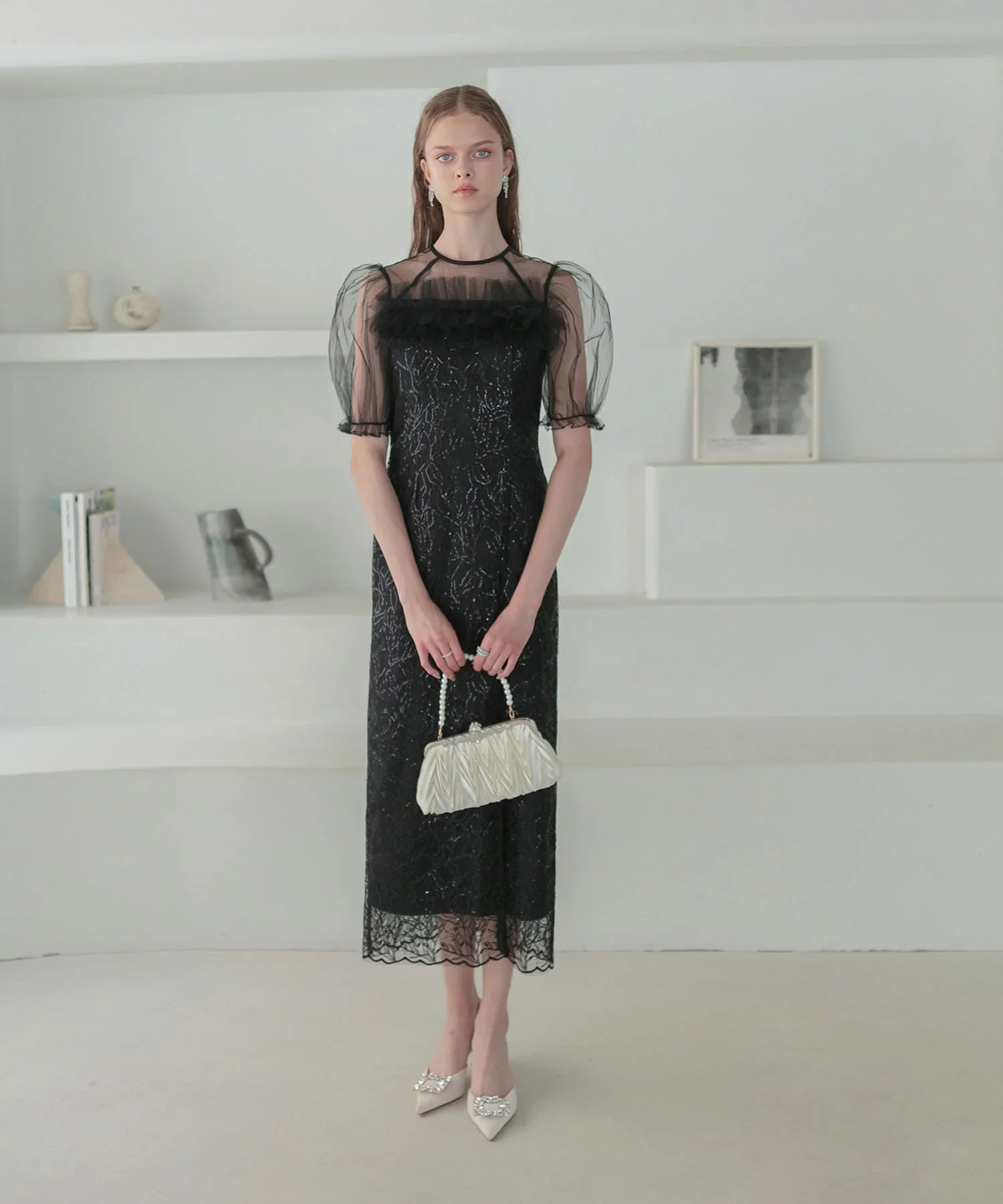 【当日発送】チュールフラワースパンコールIラインワンピースドレス