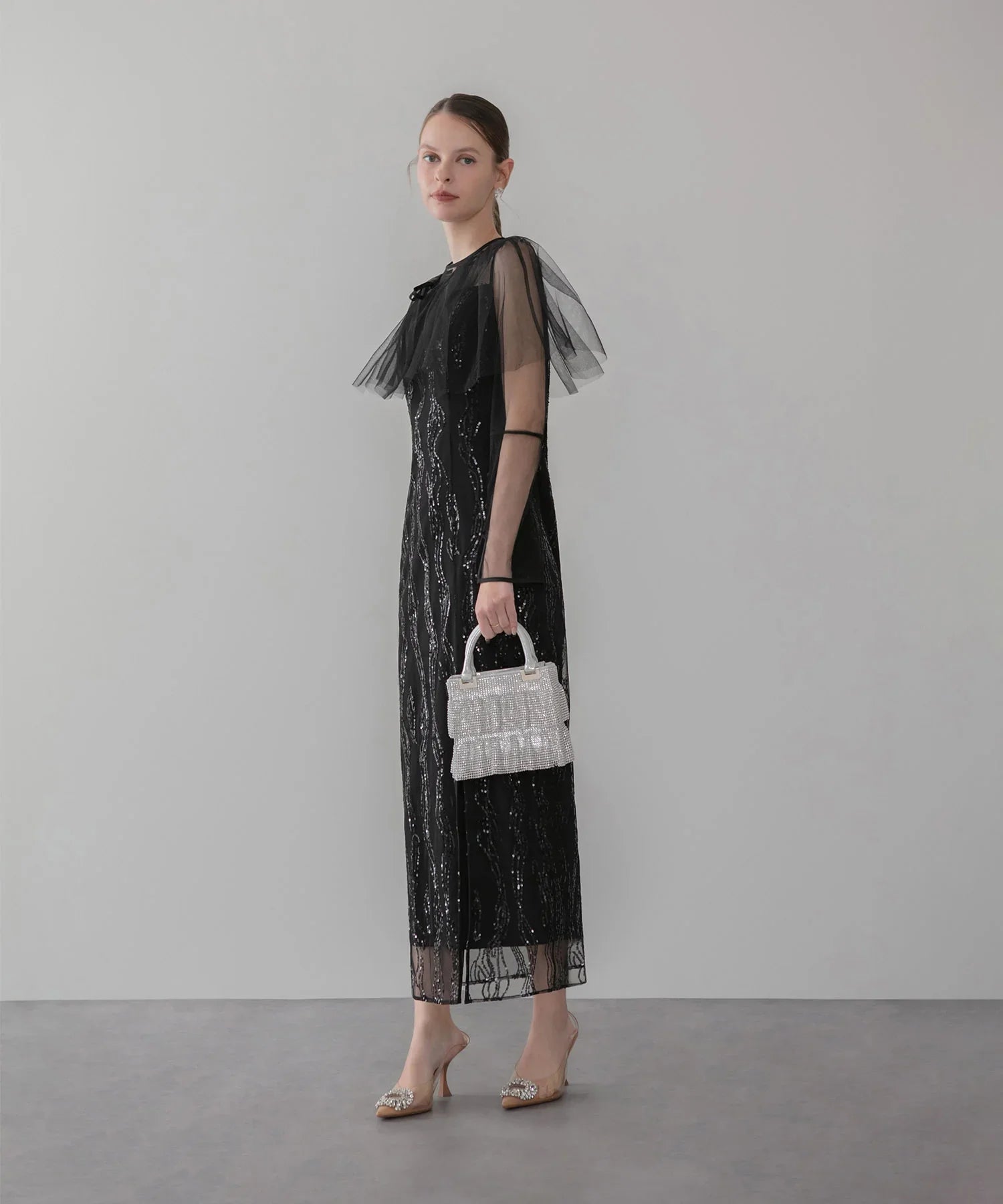 シアーケープスパンコールIラインワンピースドレス結婚式二次会成人式パーティー 当日発送】シアーケープスパンコールIラインワンピースドレス