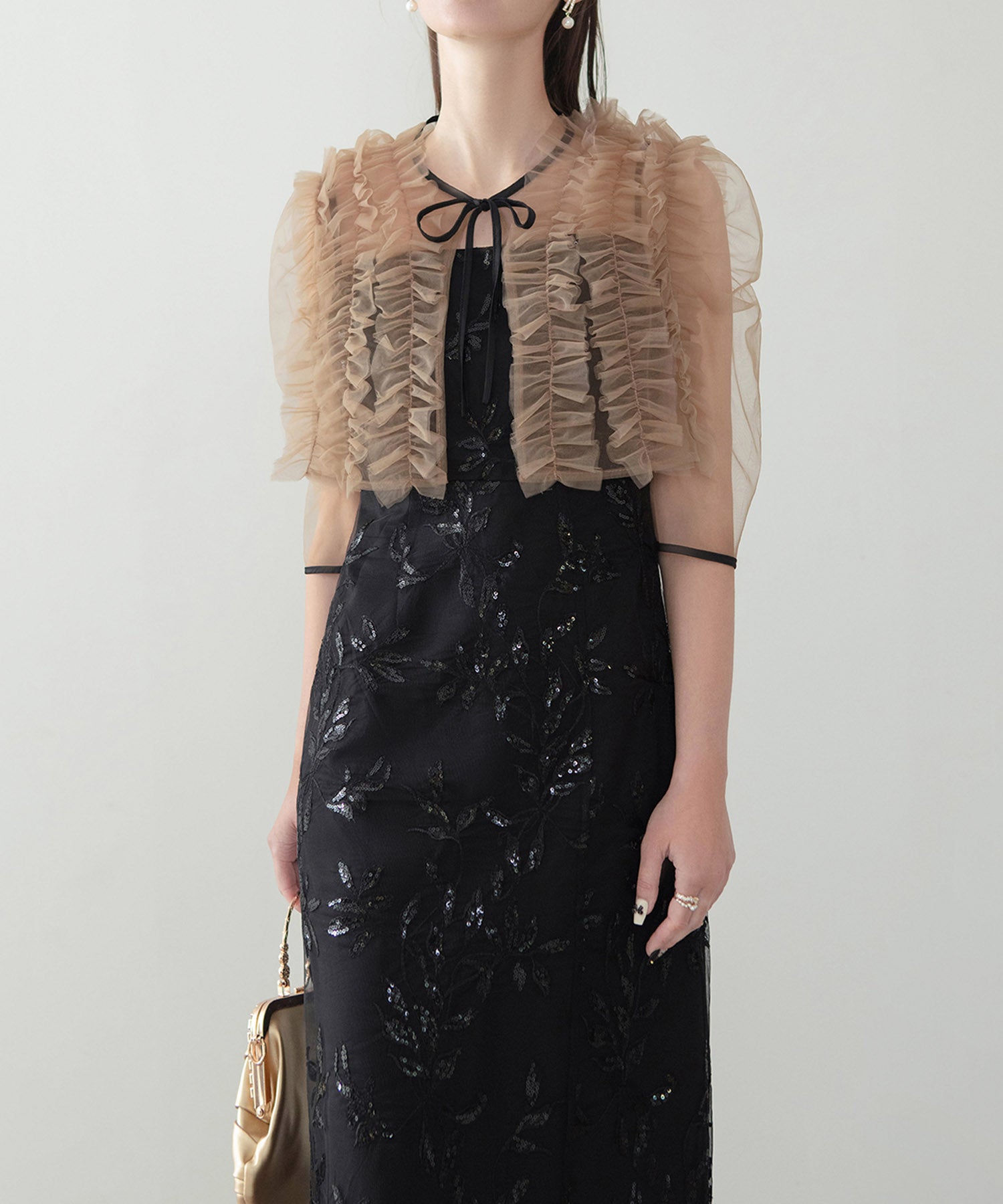 【当日発送】チュールフリルボレロフラワースパンコールＩラインワンピースドレス