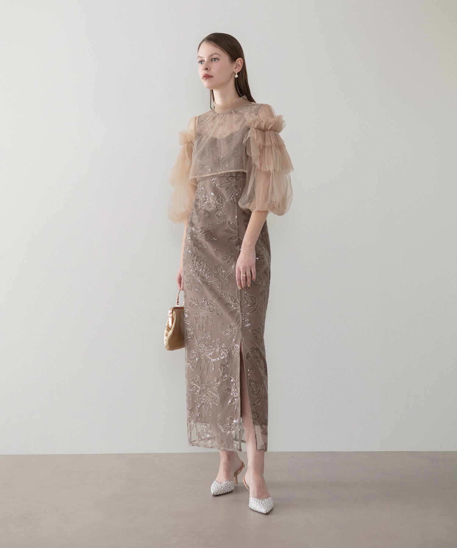 【当日発送】フリルチュールスパンコールフローラルIラインワンピースドレス