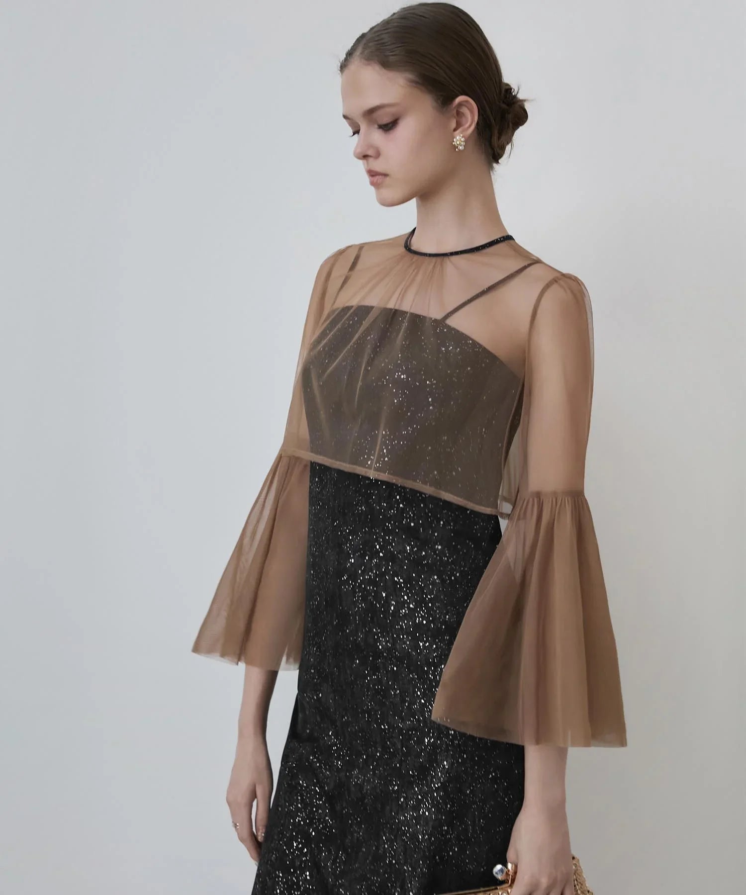 当日発送】シアーチュールベルスリーブペイントIラインワンピースドレス