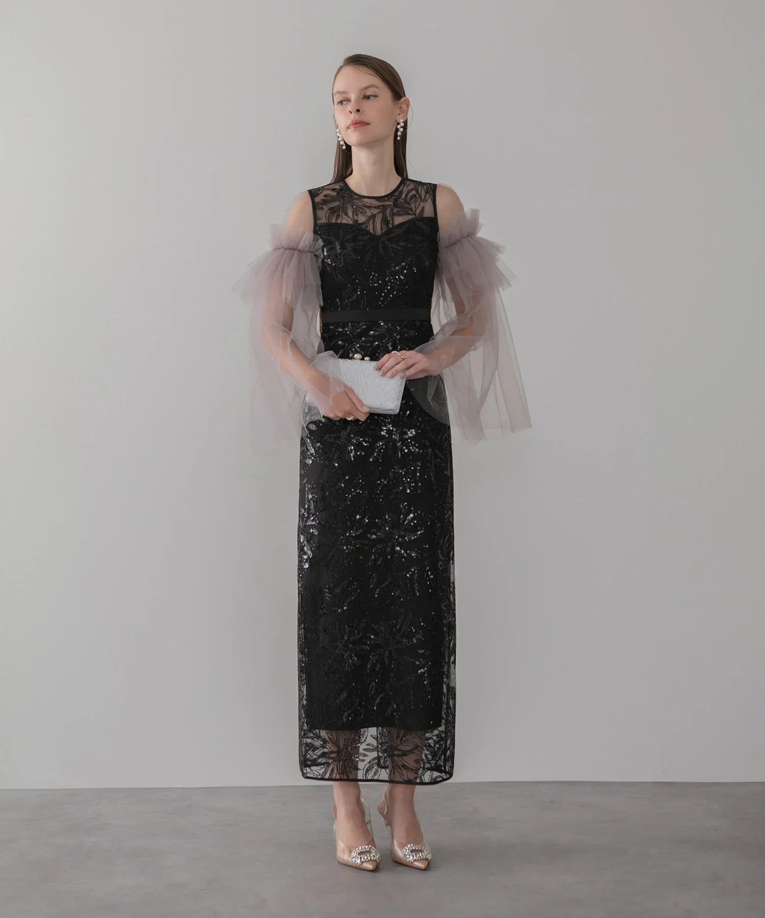 【当日発送】フラワーチュールフリルスリーブIラインワンピースドレス