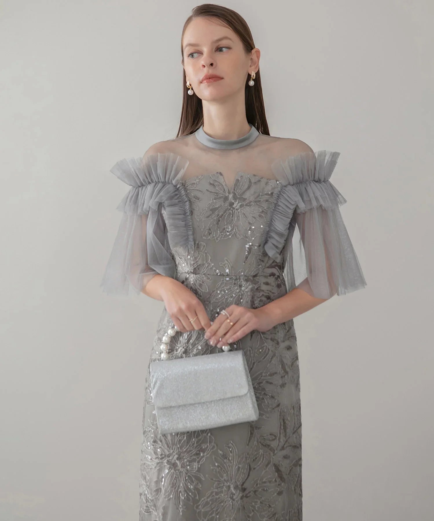 チュールフリルショルダーシアーIラインワンピースドレス結婚式パーティー二次会 当日発送】チュールフリルショルダーシアーIラインワンピースドレス