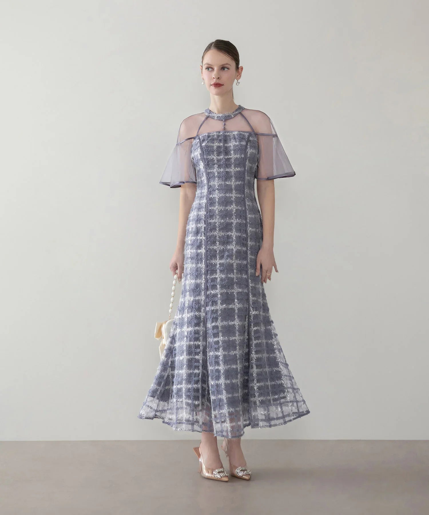 当日発送】ラメシャギーツイードチェックフリルマーメイドワンピースドレス