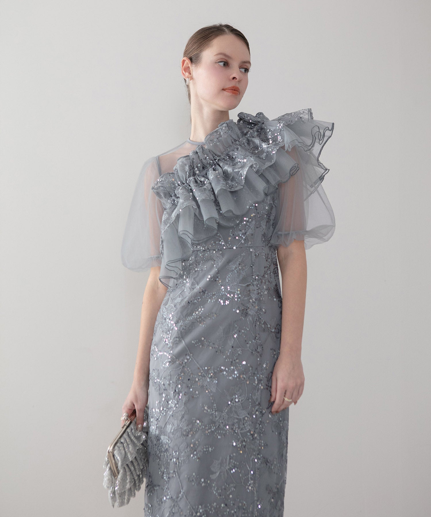 【一部当日発送】3WAYチュールラッフルフラワースパンコールIラインワンピースドレス