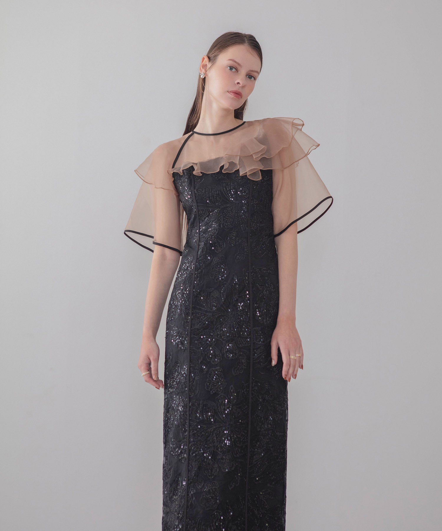 COMING SOON】ラッフルシアーパイピングIラインワンピースドレス