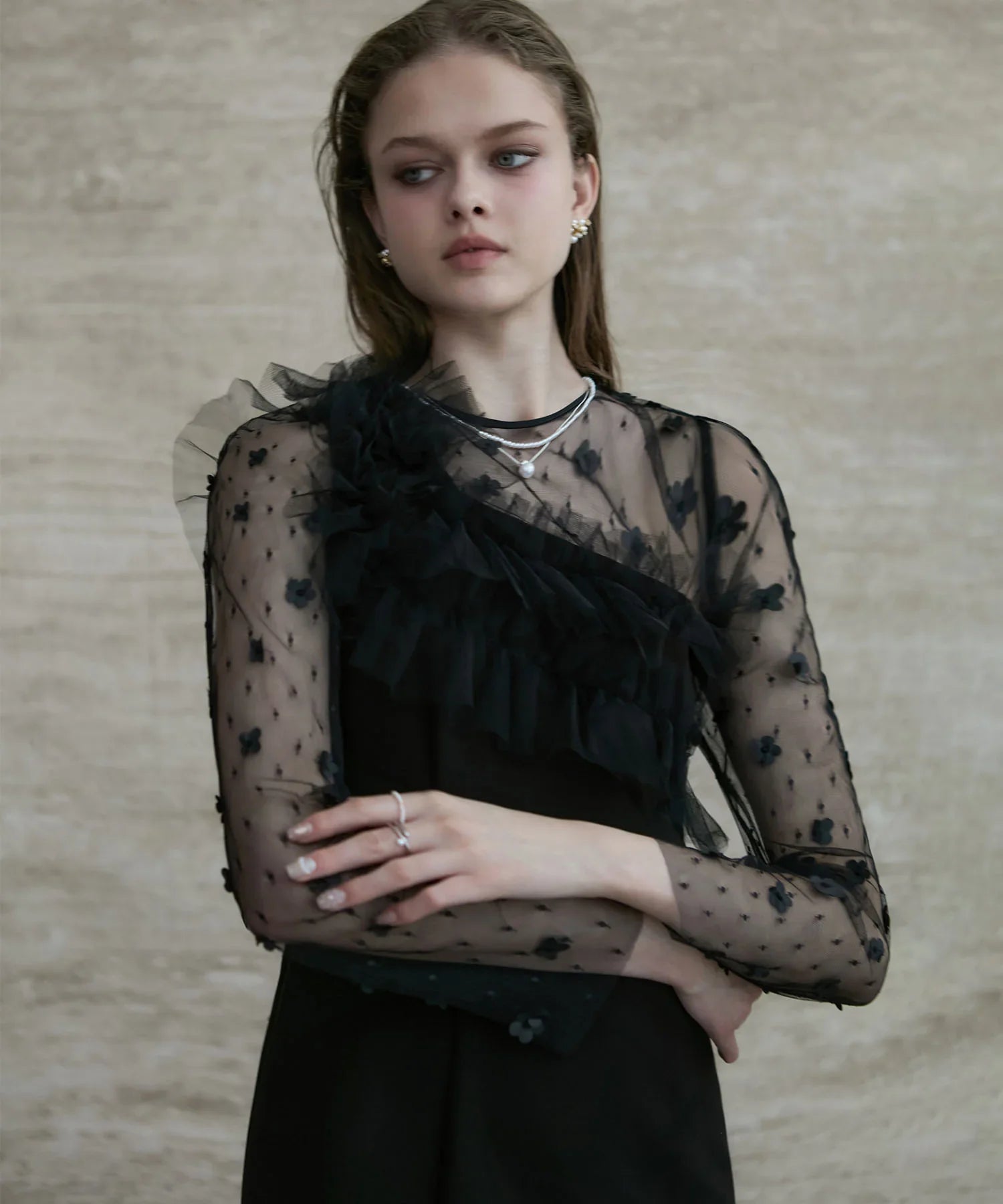 LEJAフラワーモチーフアシンメトリーマーメイドワンピースドレス Sサイズ 当日発送】フラワーモチーフアシンメトリーチュールマーメイド