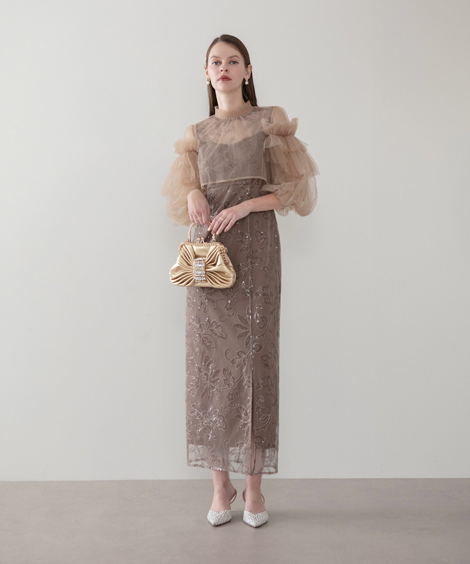 【当日発送】フリルチュールスパンコールフローラルIラインワンピースドレス