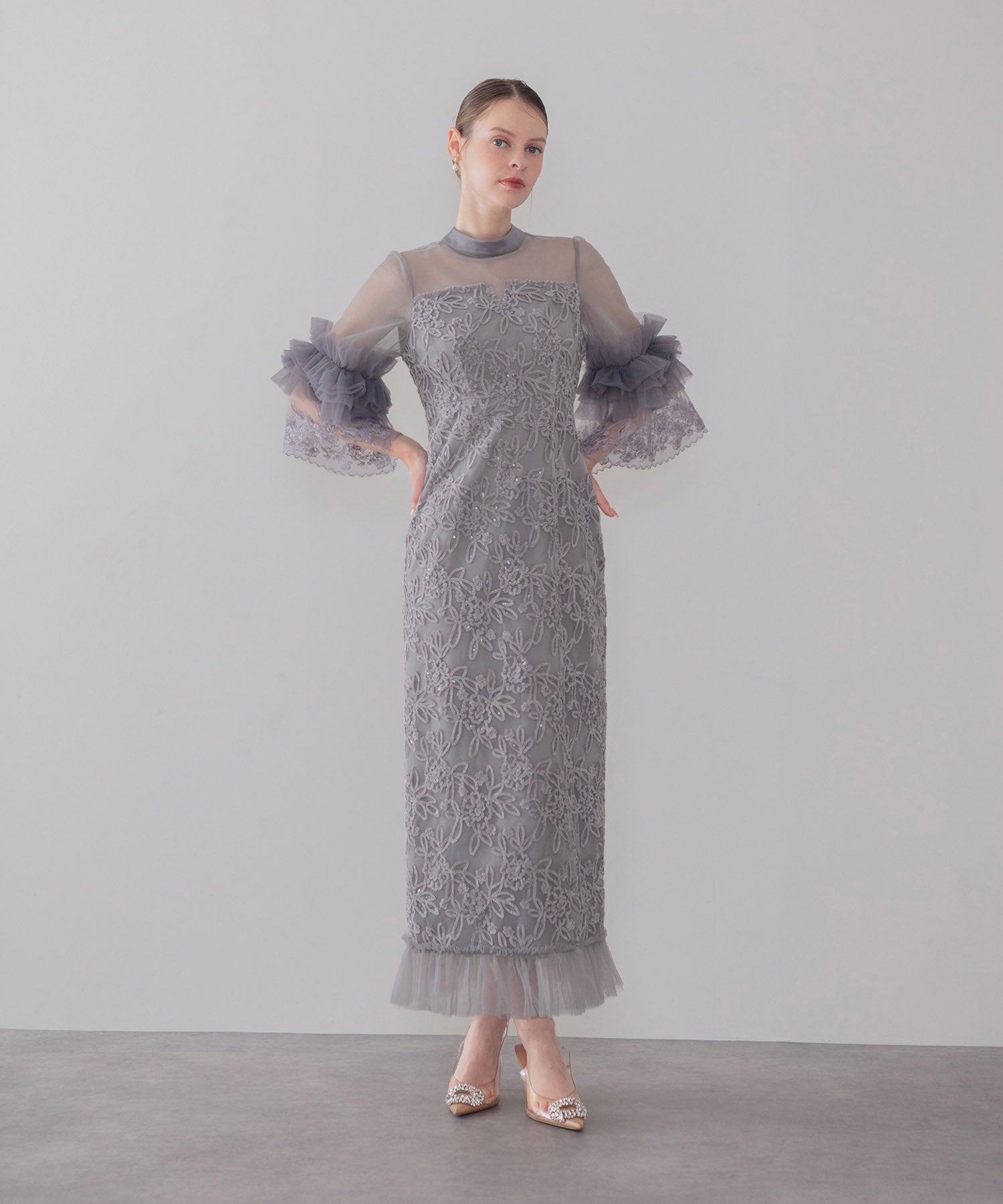 【COMING SOON】シアーチュールフラワーレースIラインワンピースドレス