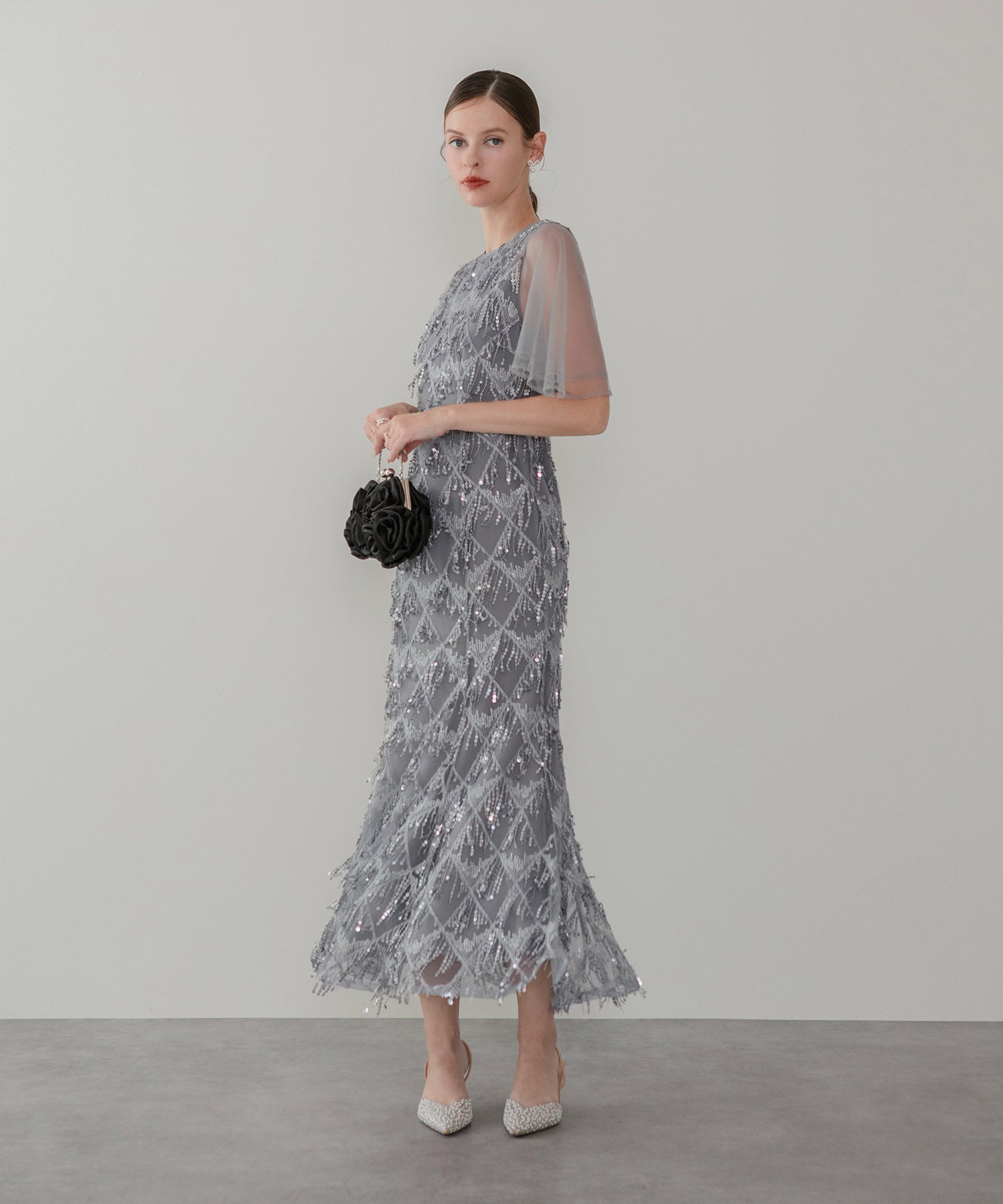 【当日発送】チュールスリーブスパンコールマーメイドワンピースドレス