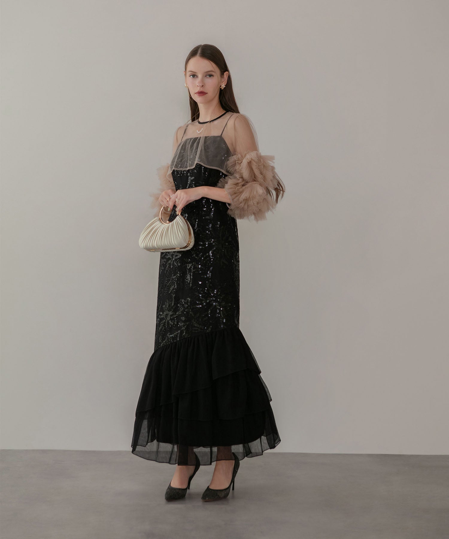 【一部当日発送】フラワースパンコールチュールフリルスリーブIラインワンピースドレス