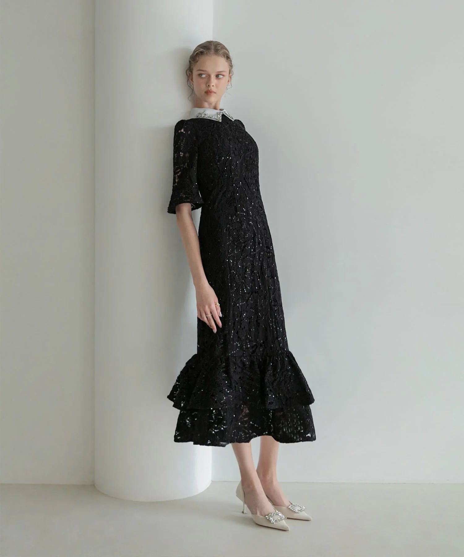 【当日発送】ビジューカラーフラワーフリルマーメイドワンピースドレス