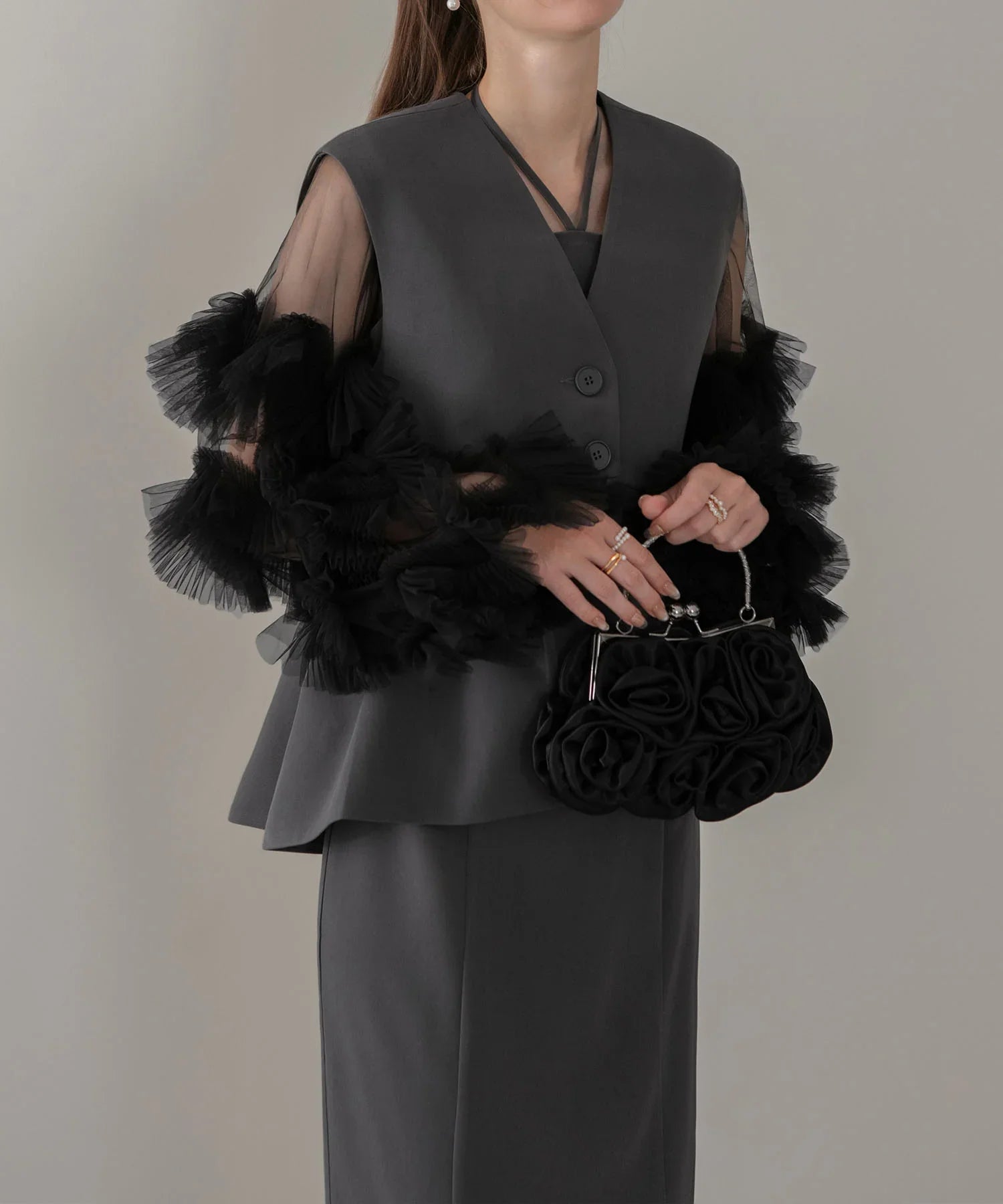 【当日発送】チュールフリルスリーブベストセットワンピースドレス