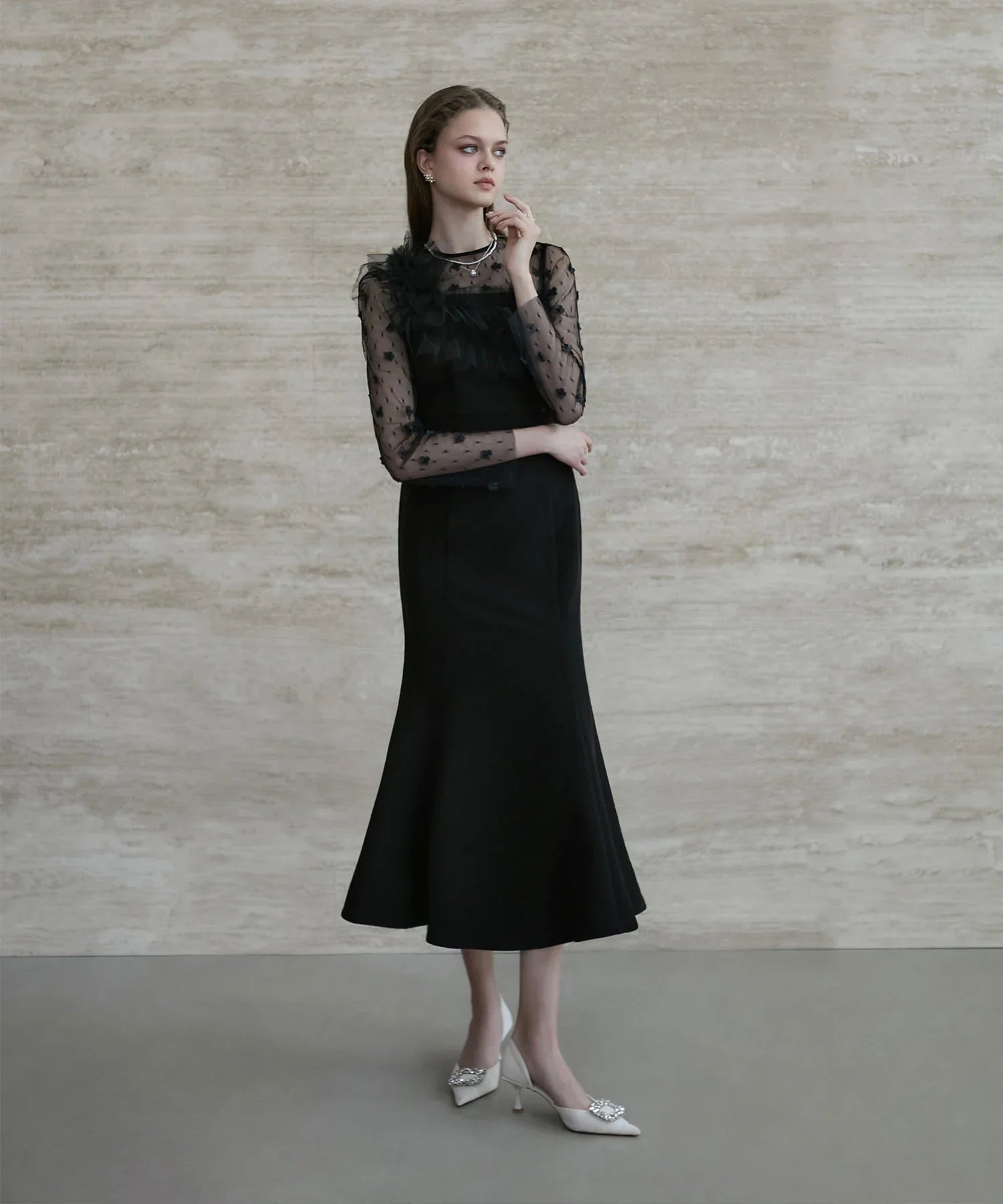 【当日発送】フラワーモチーフアシンメトリーチュールマーメイドワンピースドレス