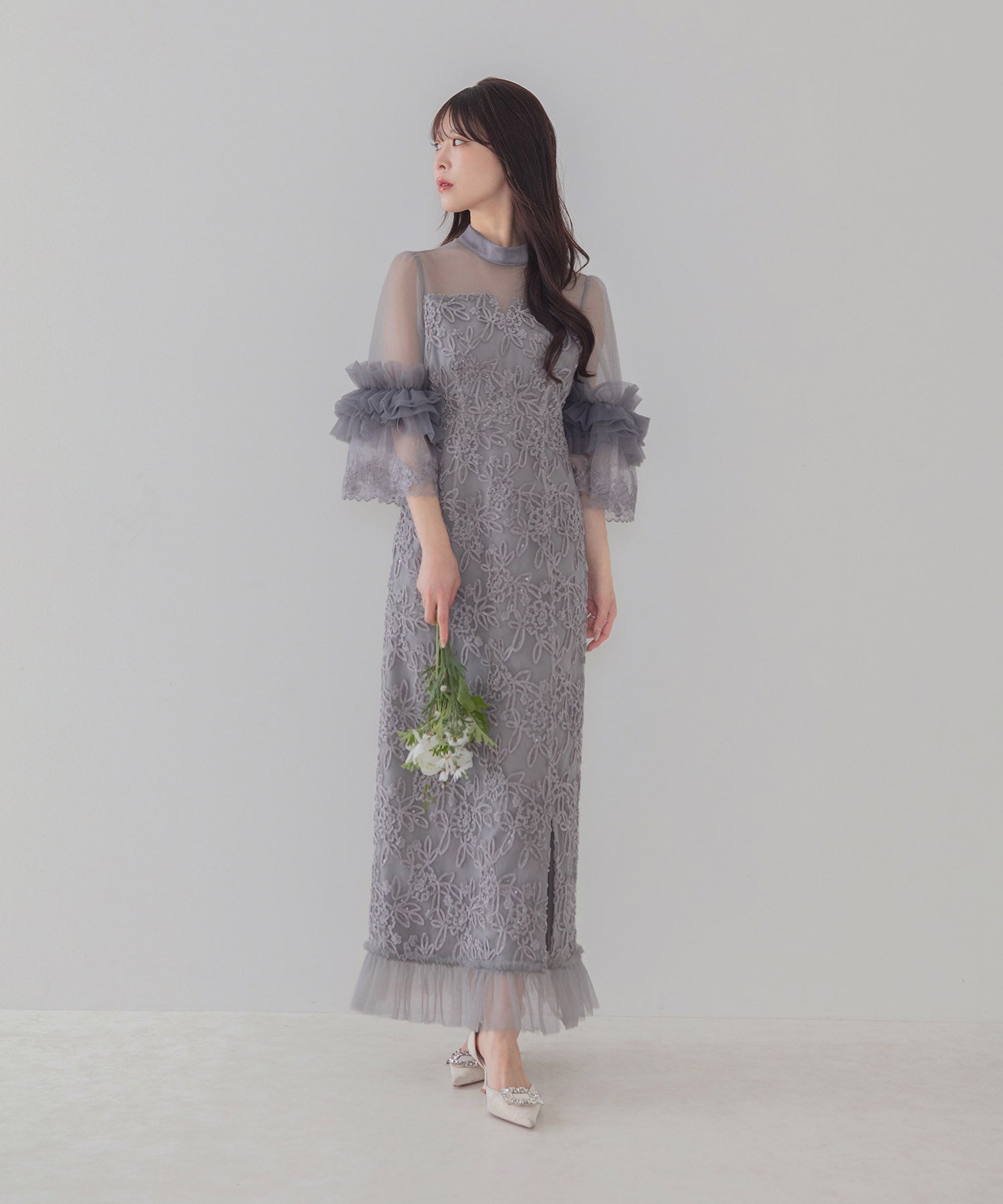 【COMING SOON】シアーチュールフラワーレースIラインワンピースドレス
