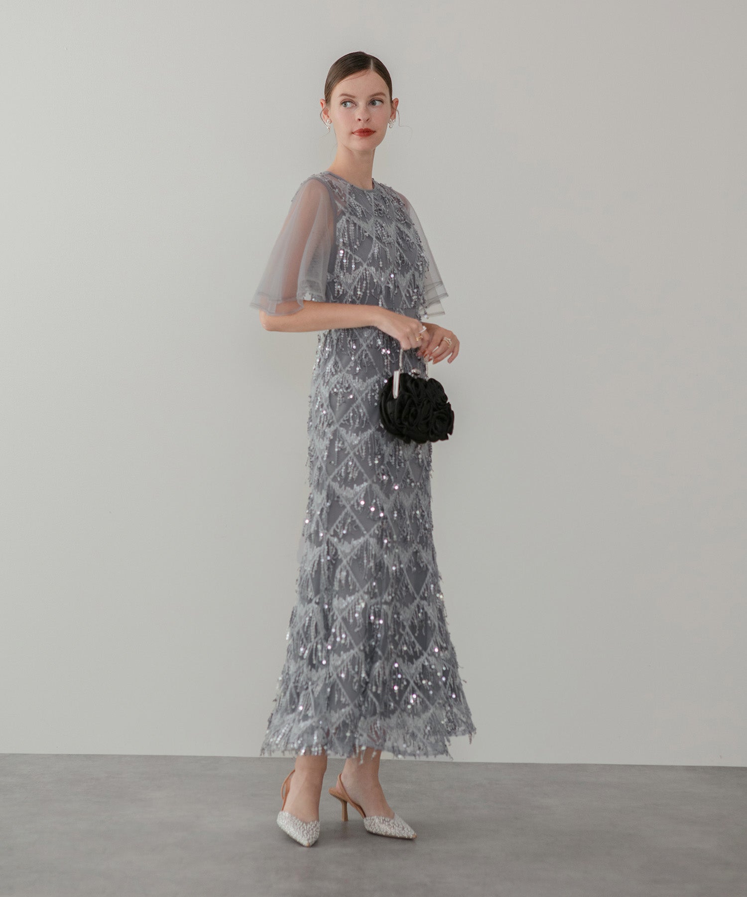 【当日発送】チュールスリーブスパンコールマーメイドワンピースドレス