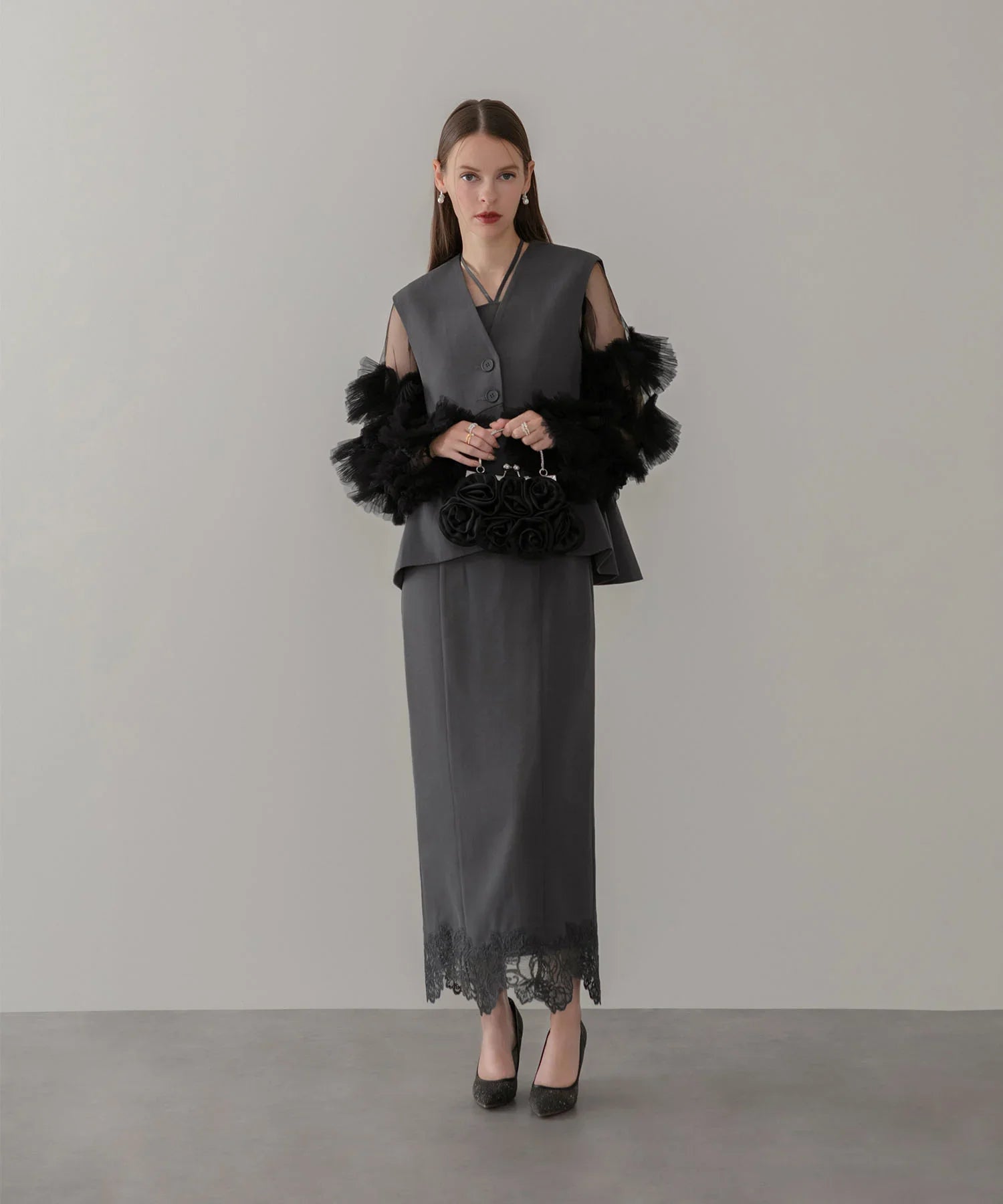 Leja フリル付き黒パーティードレス 当日発送】チュールフリルスリーブベストセットワンピースドレス