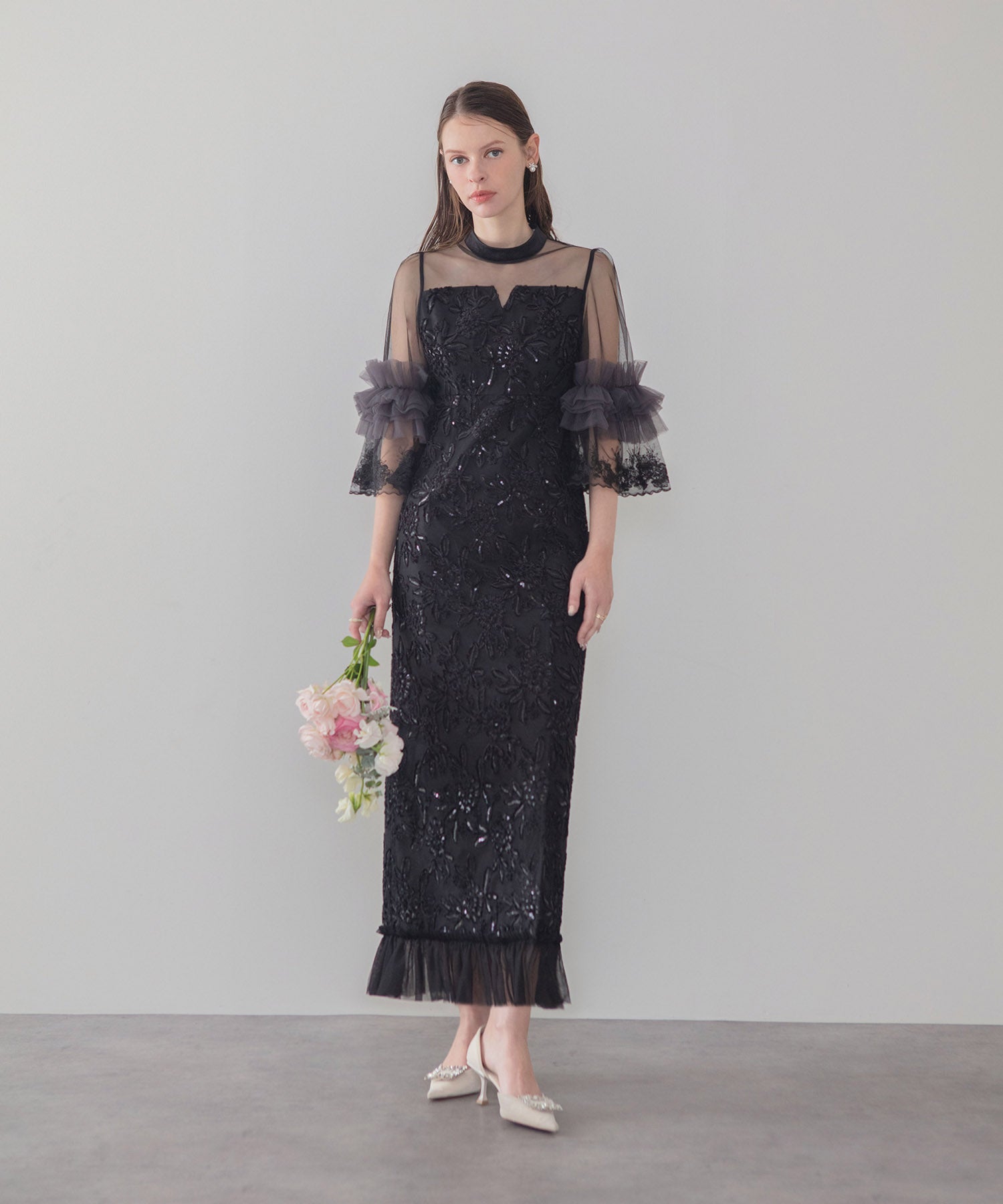 【COMING SOON】シアーチュールフラワーレースIラインワンピースドレス