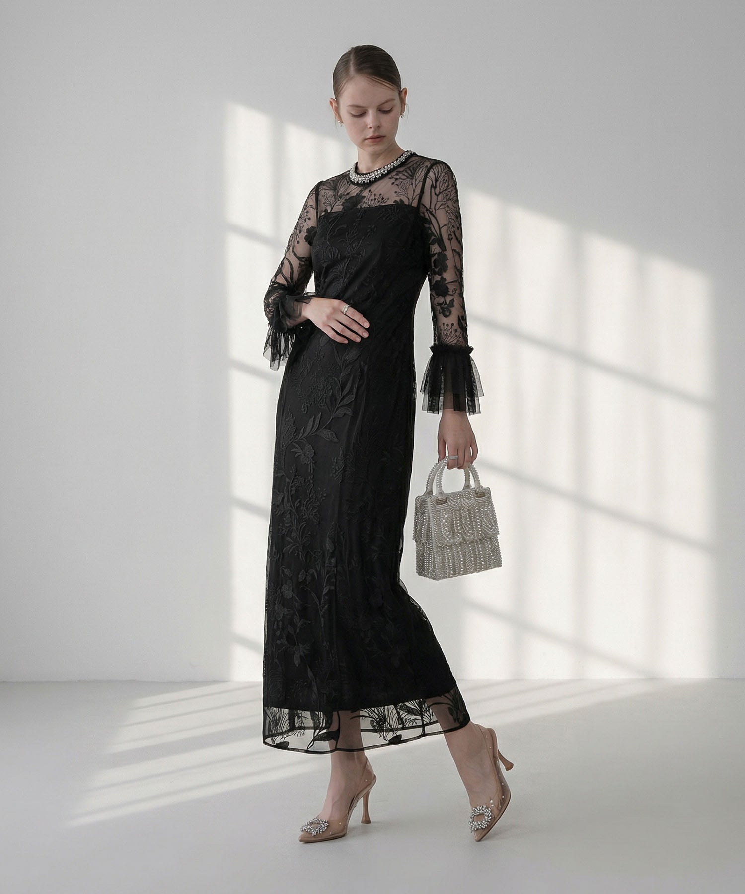 【当日発送】フラワーレースジュエルカラーIラインワンピースドレス