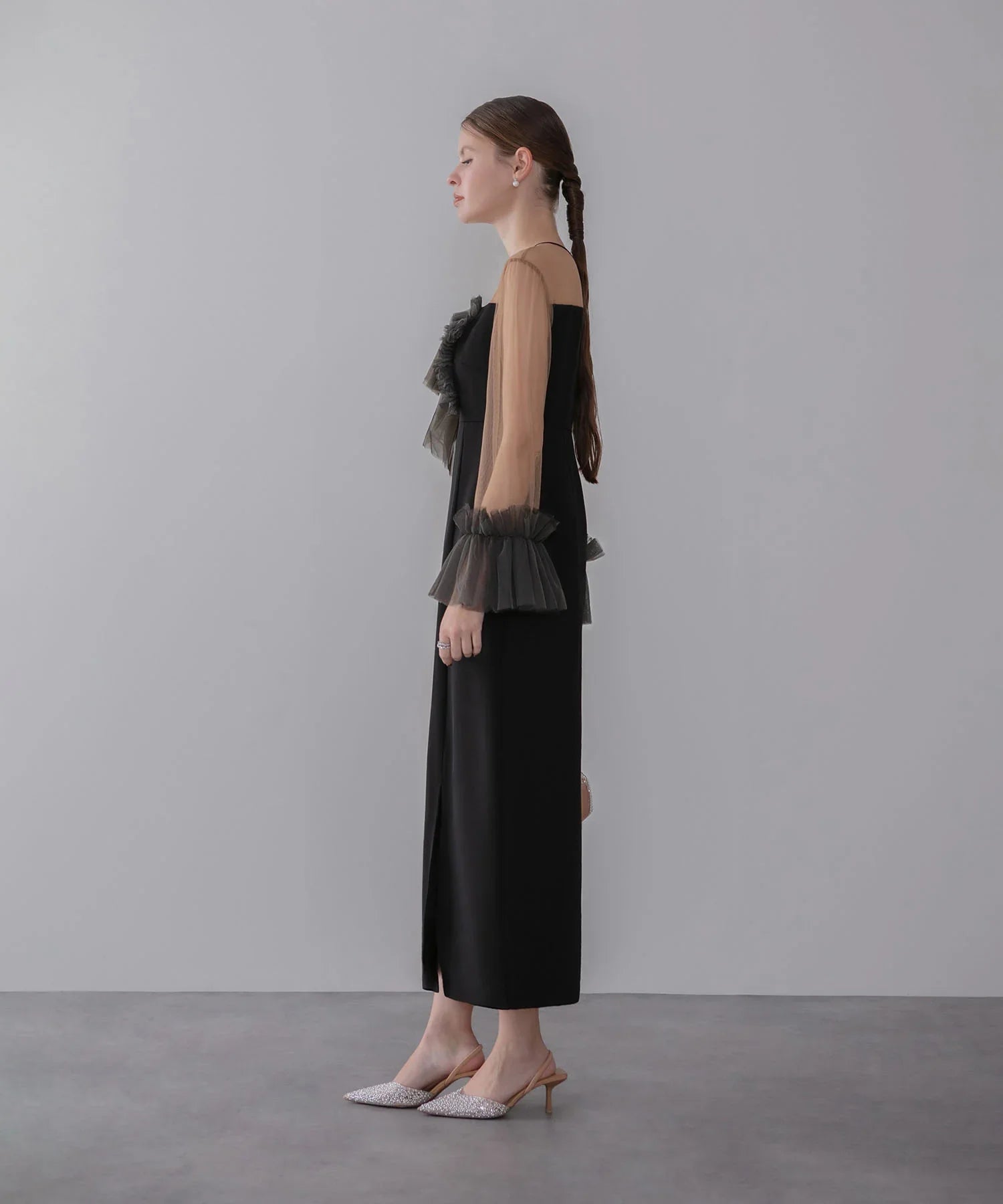 【当日発送】チュールフリルスリーブIラインワンピースドレス