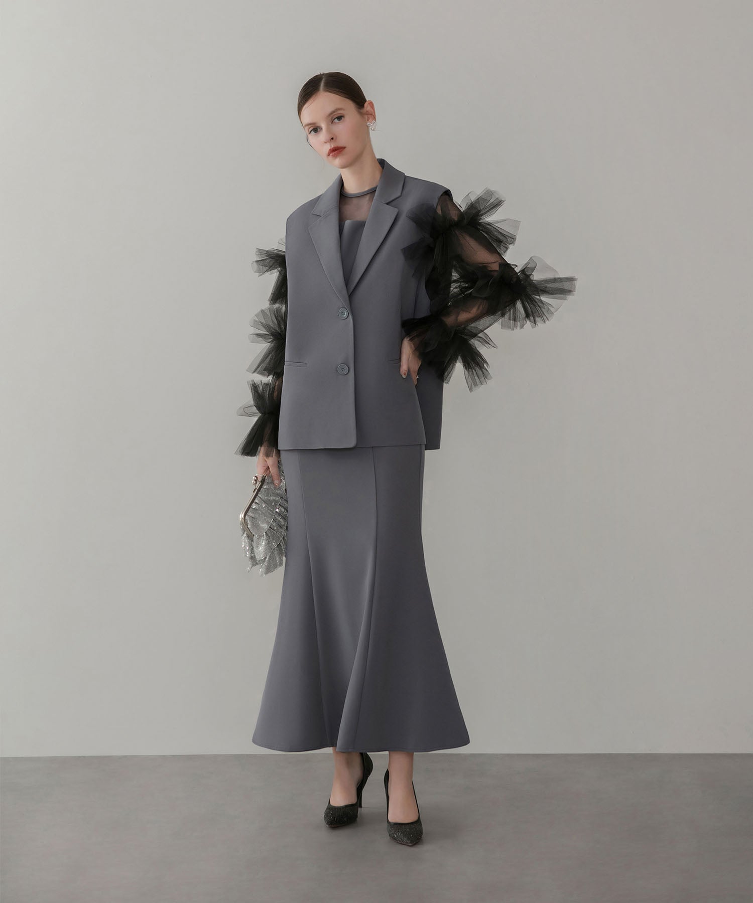 【当日発送】ボリュームチュールスリーブベストセットアップドレス