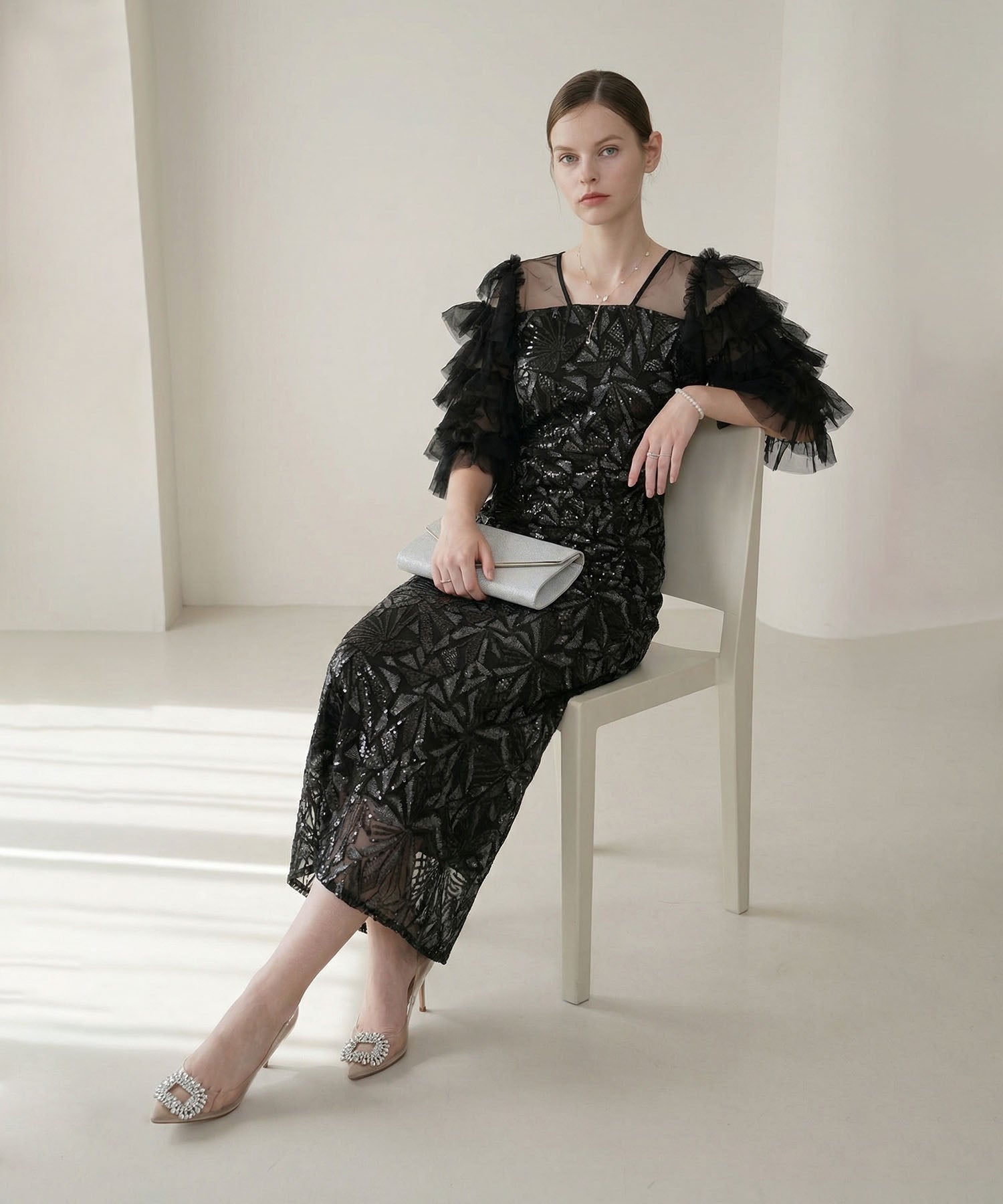 当日発送】チュールフリルスリーブスパンコールIラインワンピースドレス