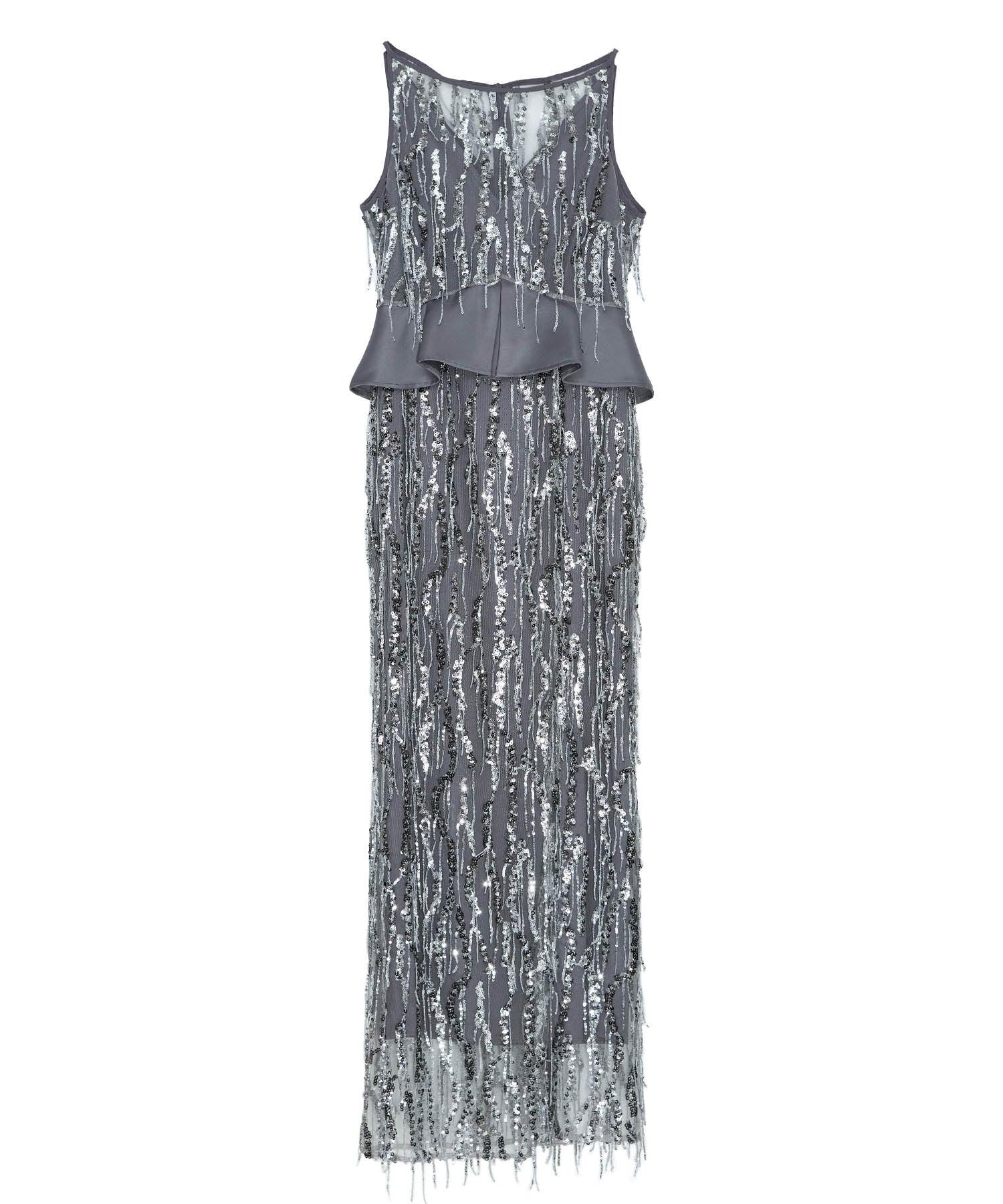 LEJA LUXE】シルバーフリンジスパンコールペプラムマーメイドドレス