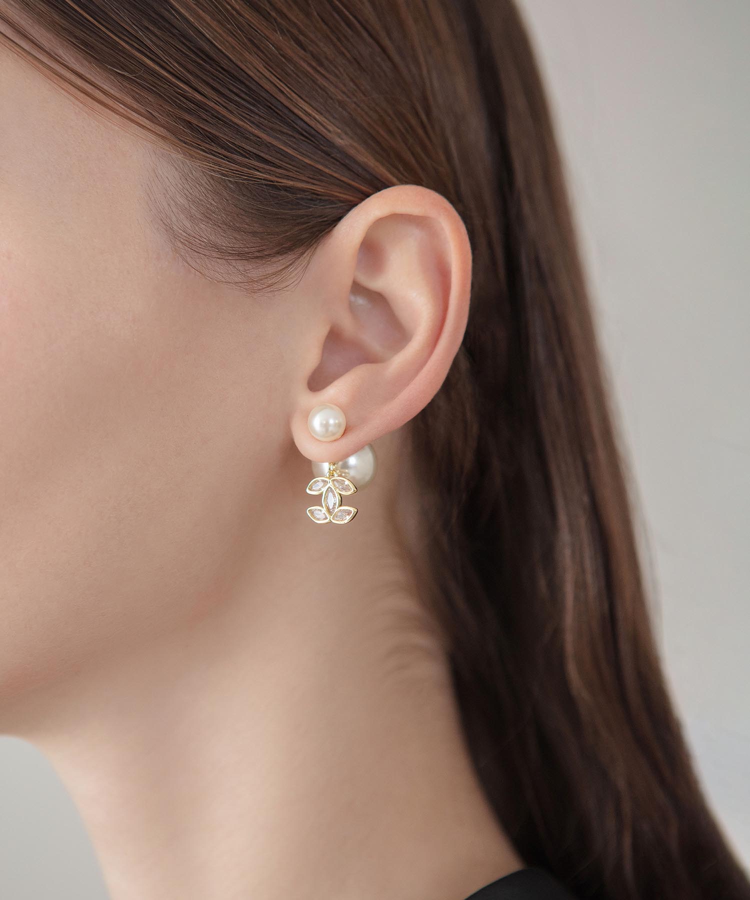 当日発送】ダブルパールリーフビジューバックキャッチピアス