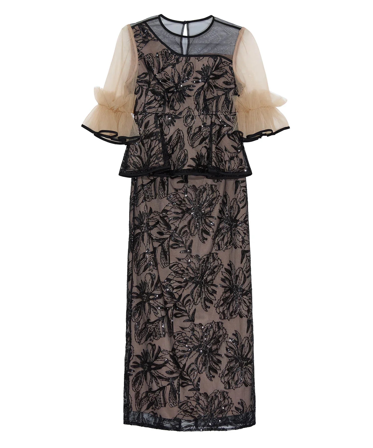 【NEW】レジャ（Leja）/アシンメトリーシアーフラワースパンコールフリルチュール セットアップドレス アシンメトリーシアーフラワースパンコールフリルチュール