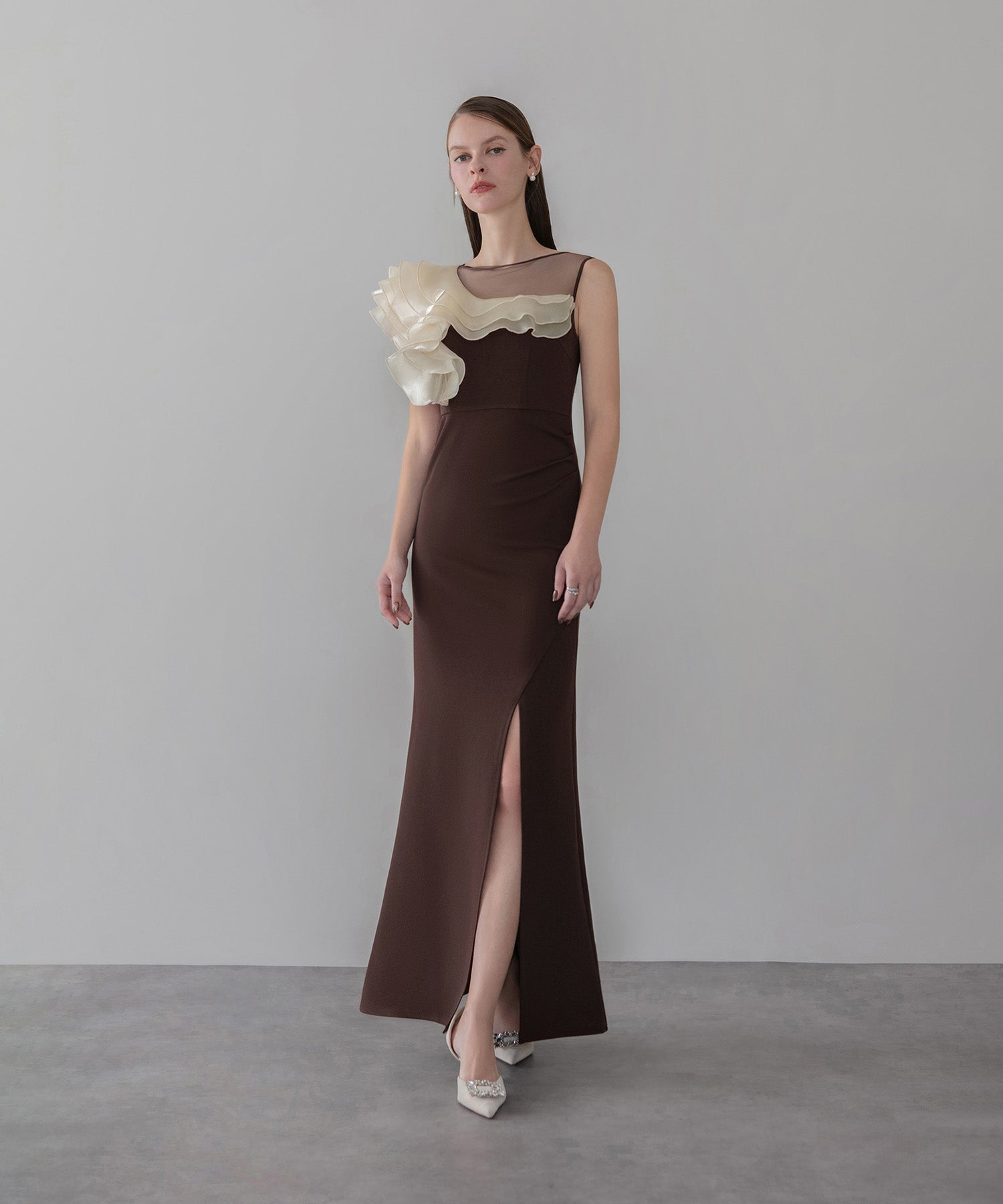 【当日発送】アシンメトリーフリルスリットマーメイドドレス